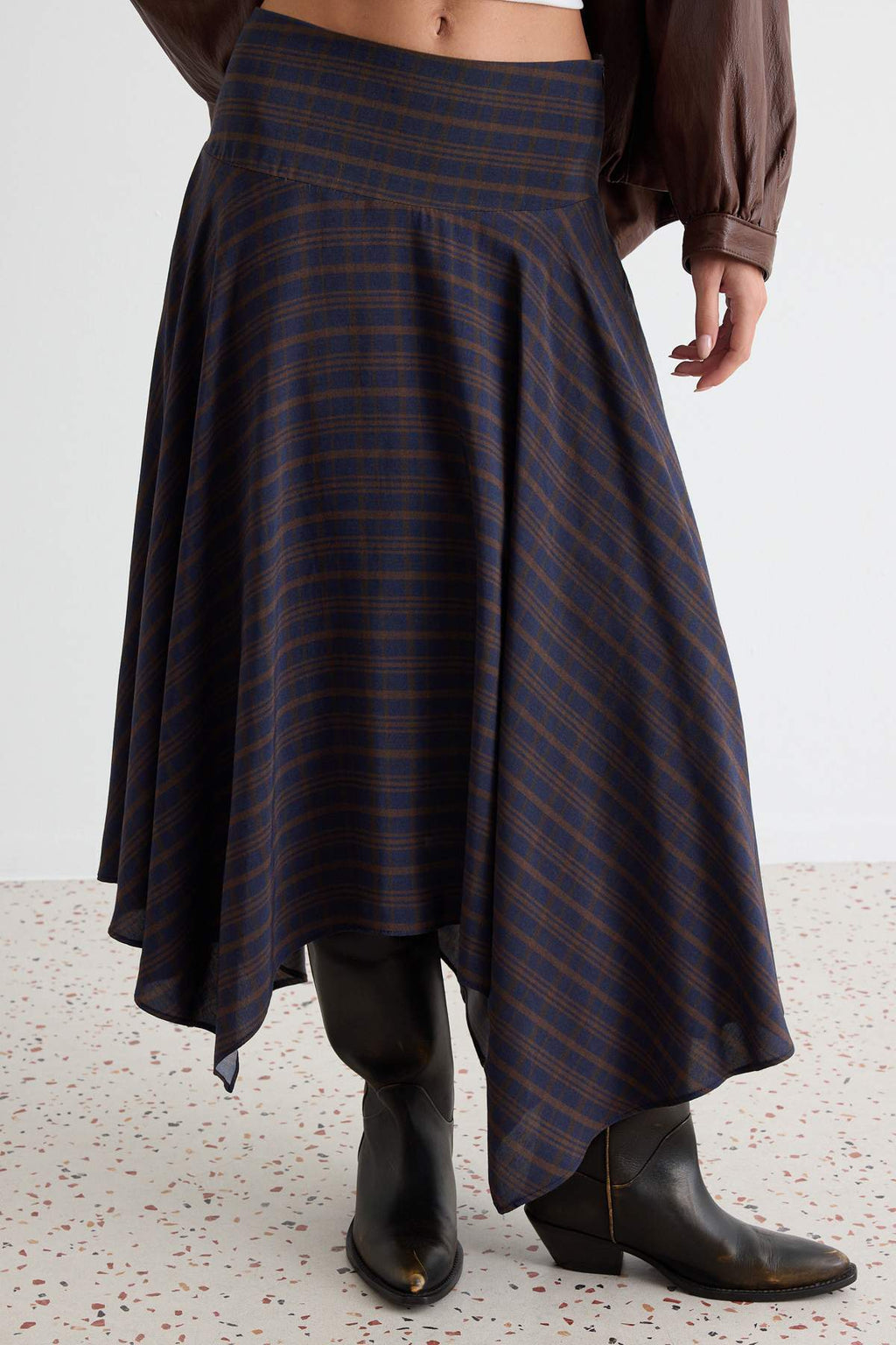 High Waist Asymmetric Hem Midi Skirt