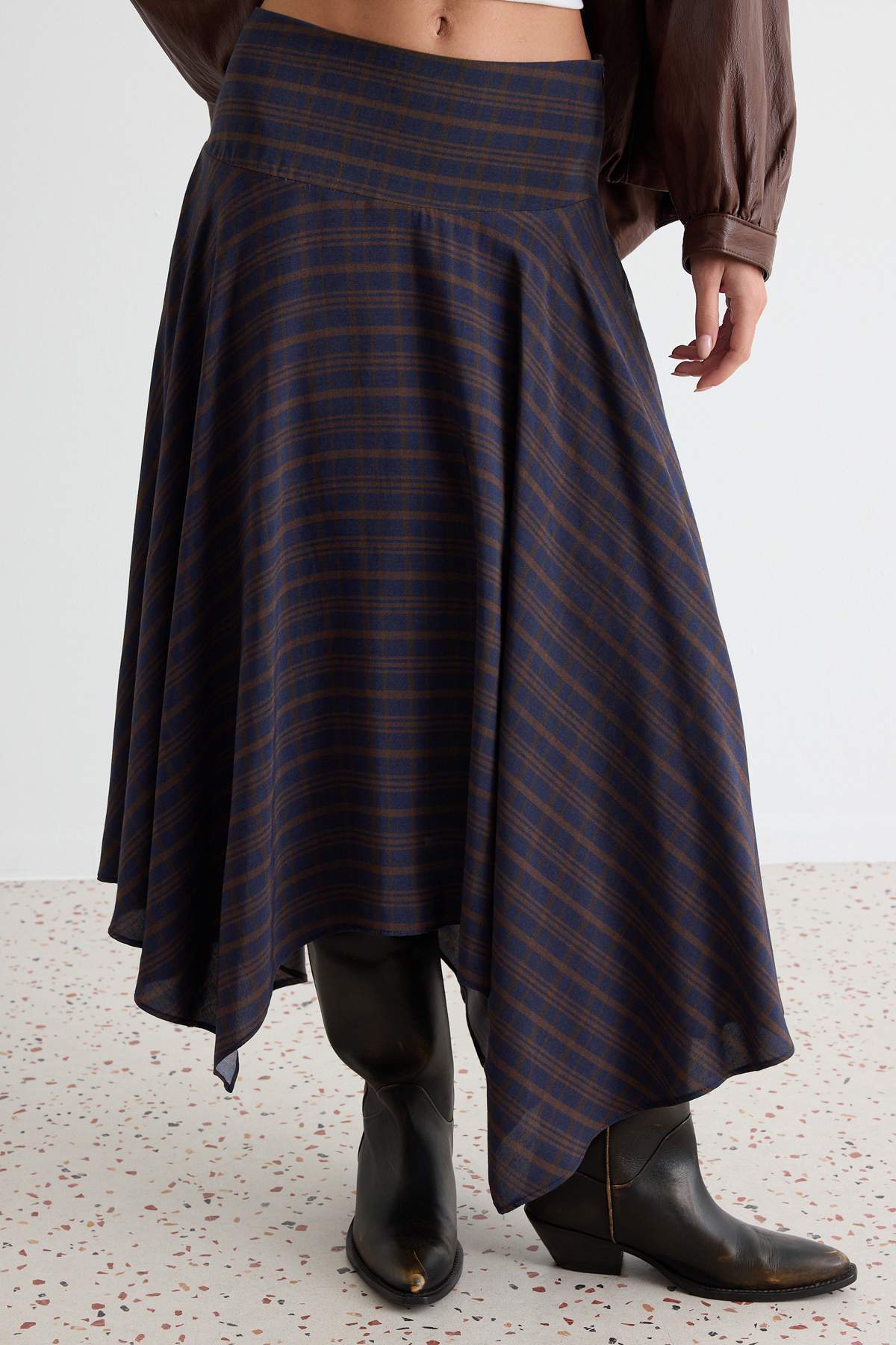 High Waist Asymmetric Hem Midi Skirt