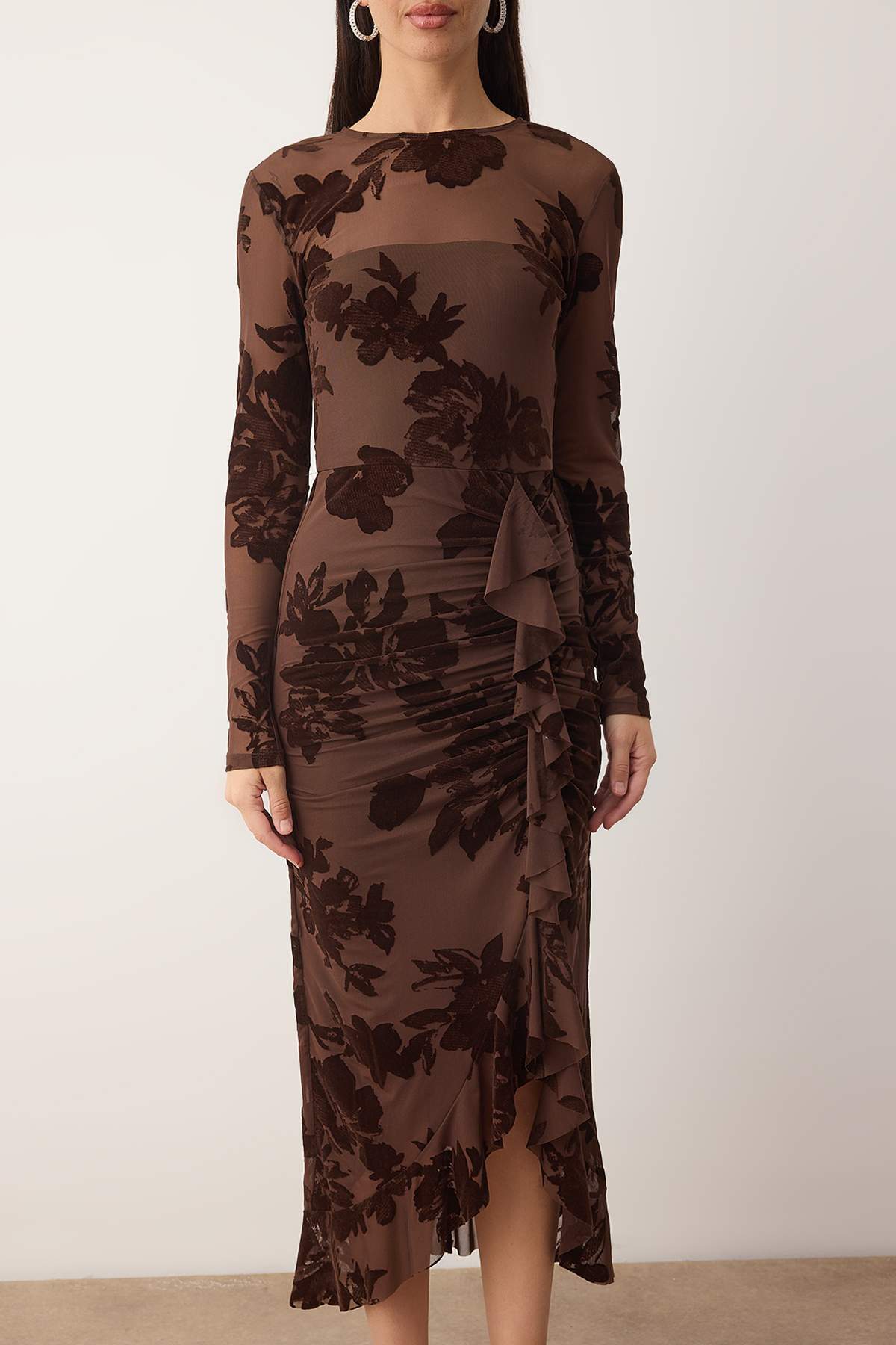 Flocked Mesh Lined Long Sleeve Bodycon Midi Dress