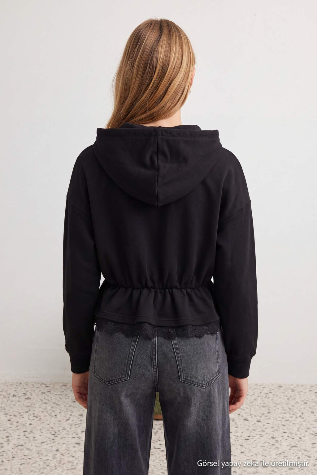 Peplum Lace Detail Hooded Long Sleeve Knit Sweatshirt