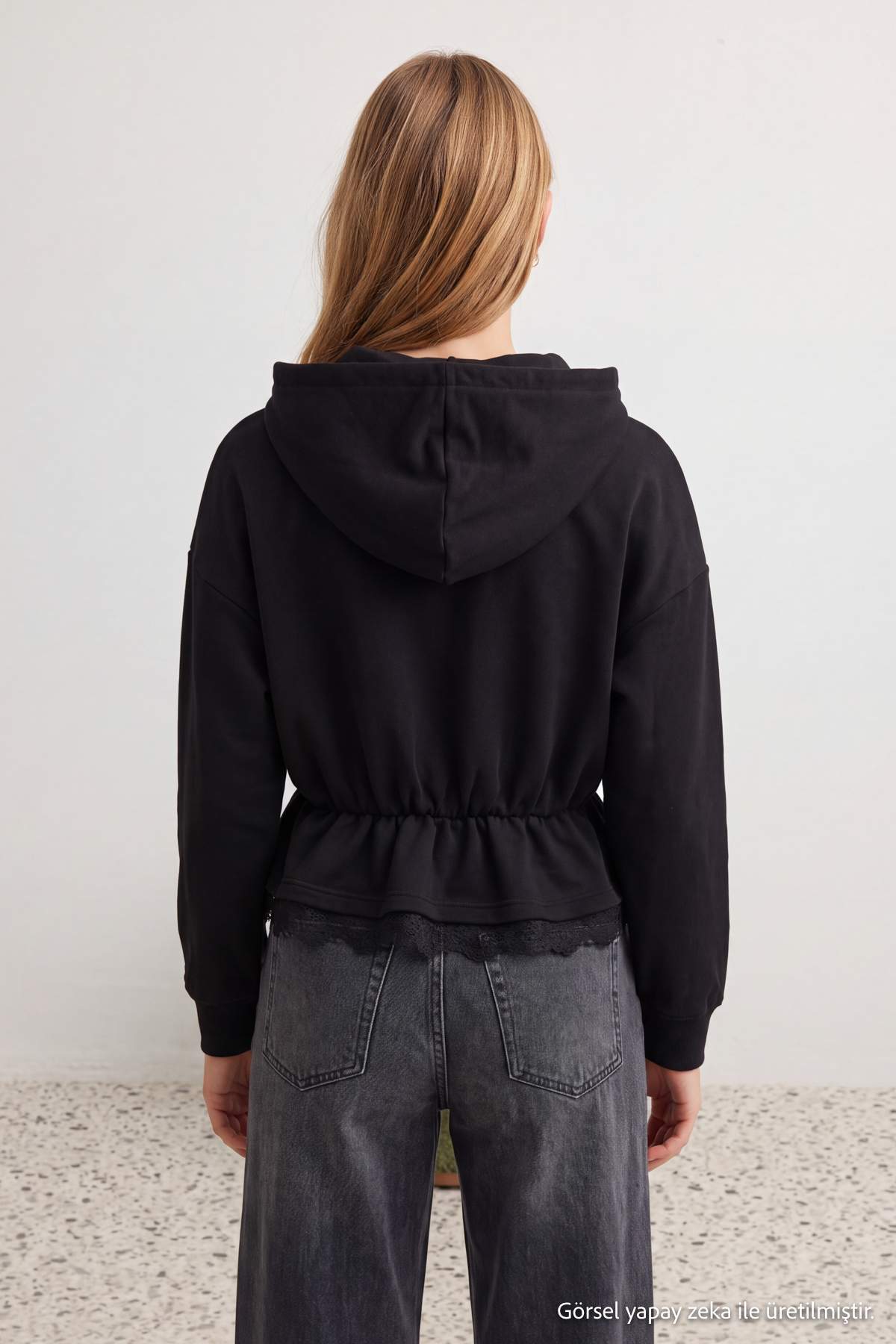 Peplum Lace Detail Hooded Long Sleeve Knit Sweatshirt