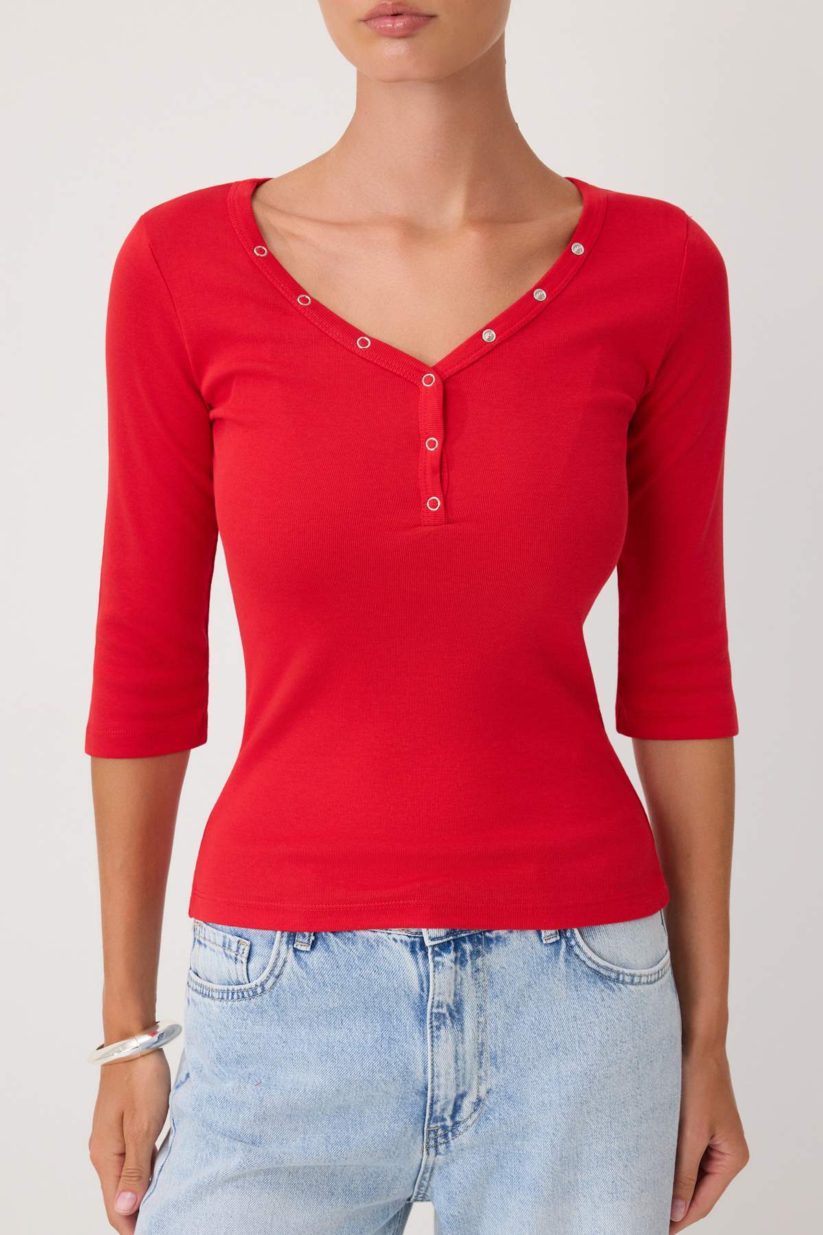 Fitted V Neck Button Front Ribbed Long Sleeve Blouse