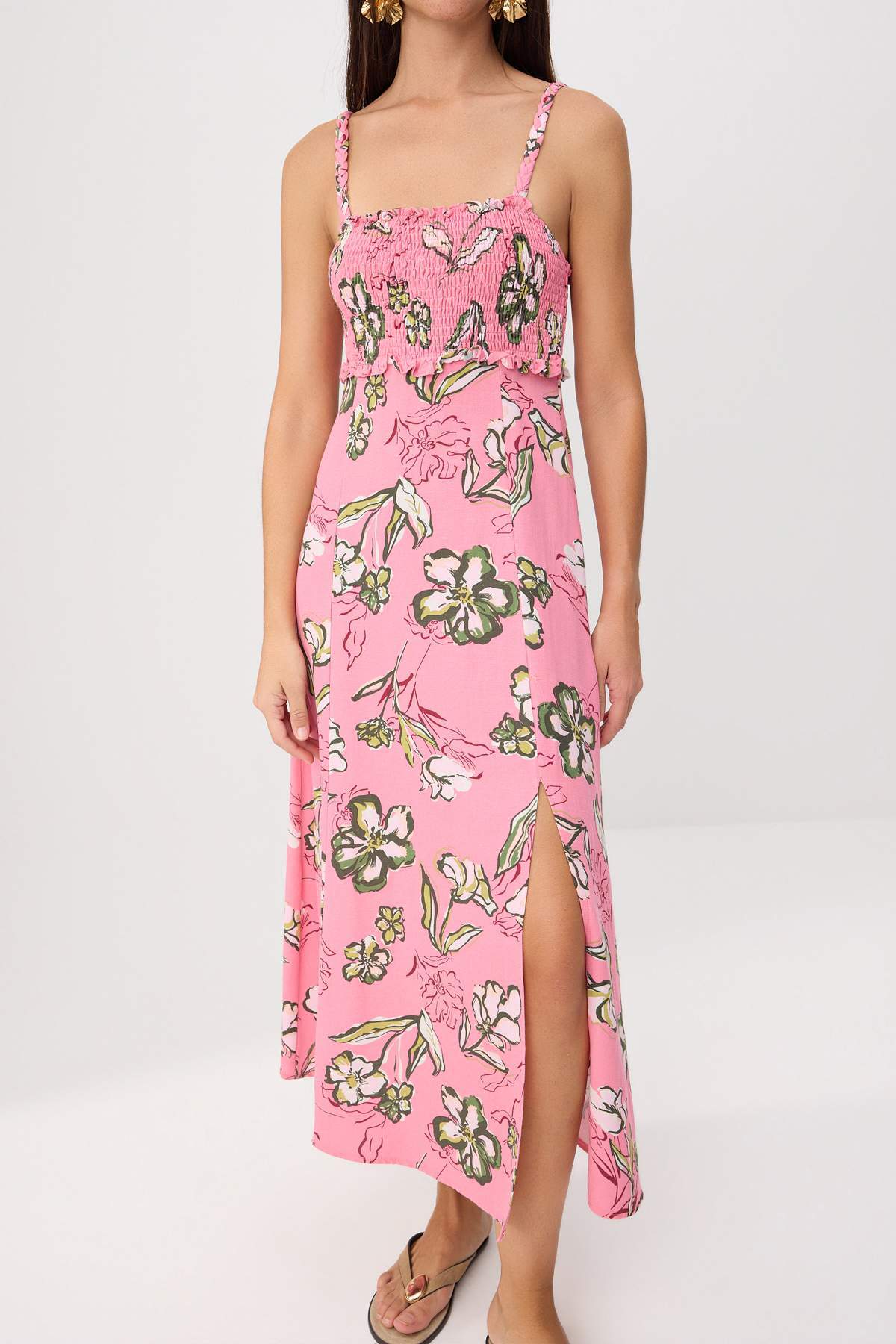 Square Neck Thin Strap Slit Midi Dress