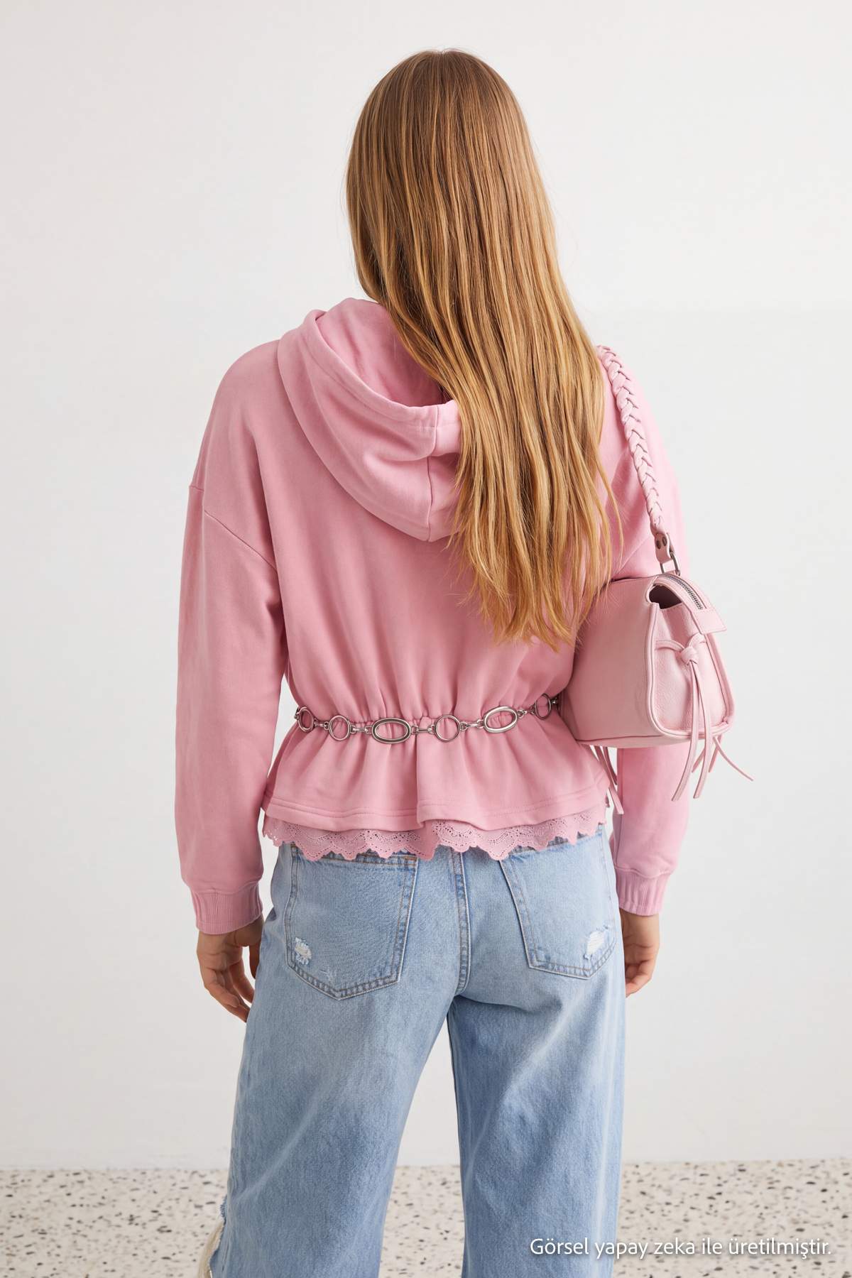 Peplum Lace Detail Hooded Long Sleeve Knit Sweatshirt