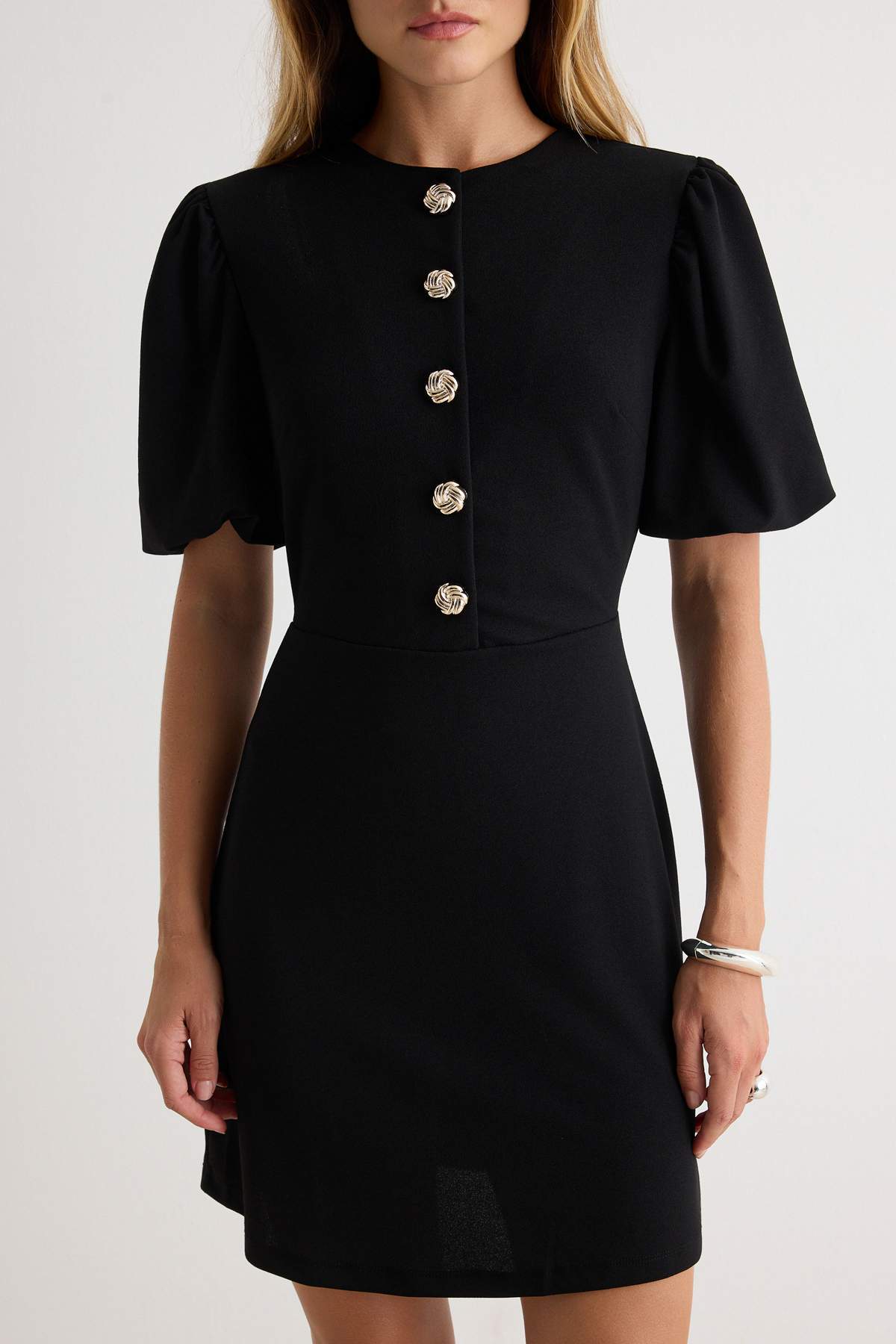 A-Line Balloon Sleeve Button Front Mini Dress