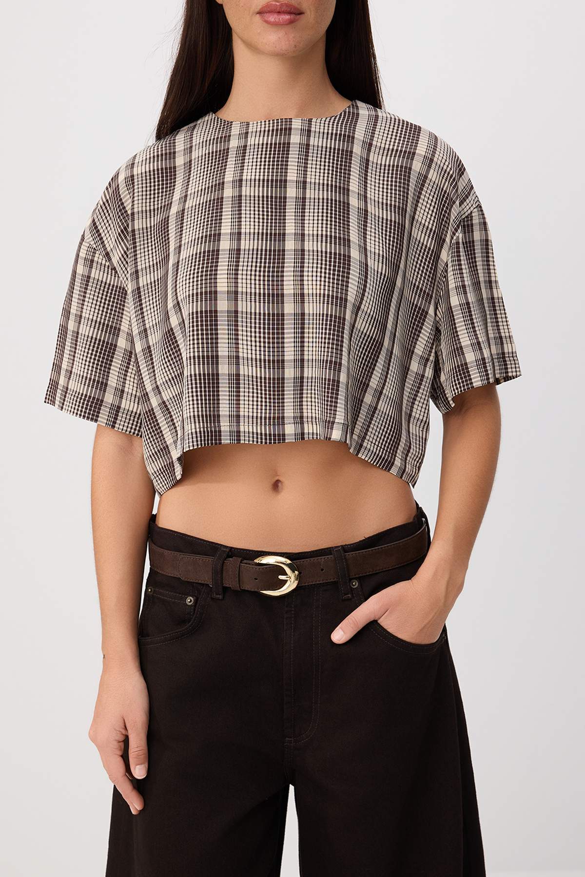 High Neck Long Sleeve Zip Front Crop Blouse