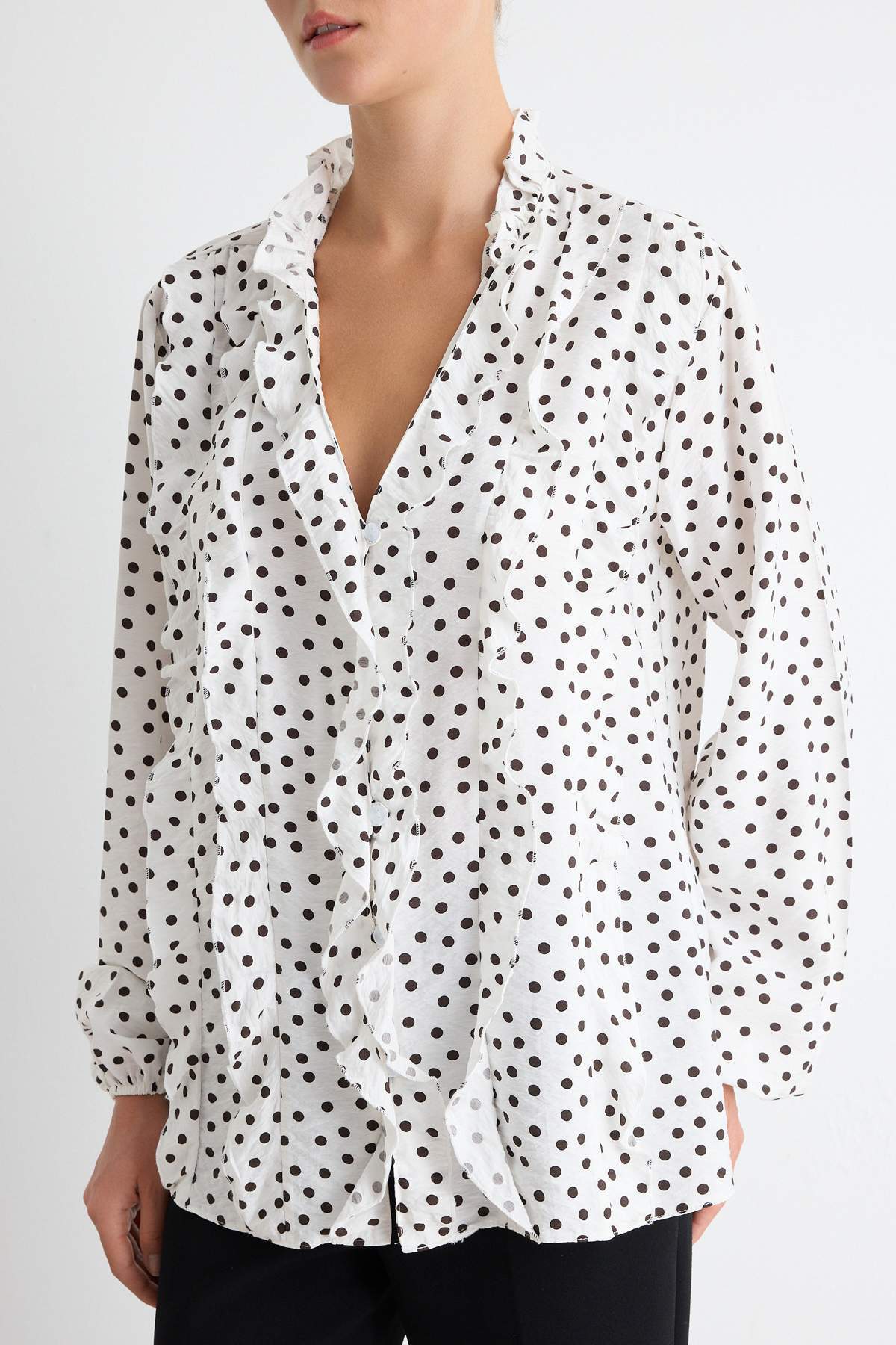 V Neck Long Sleeve Frill Detail Woven Shirt