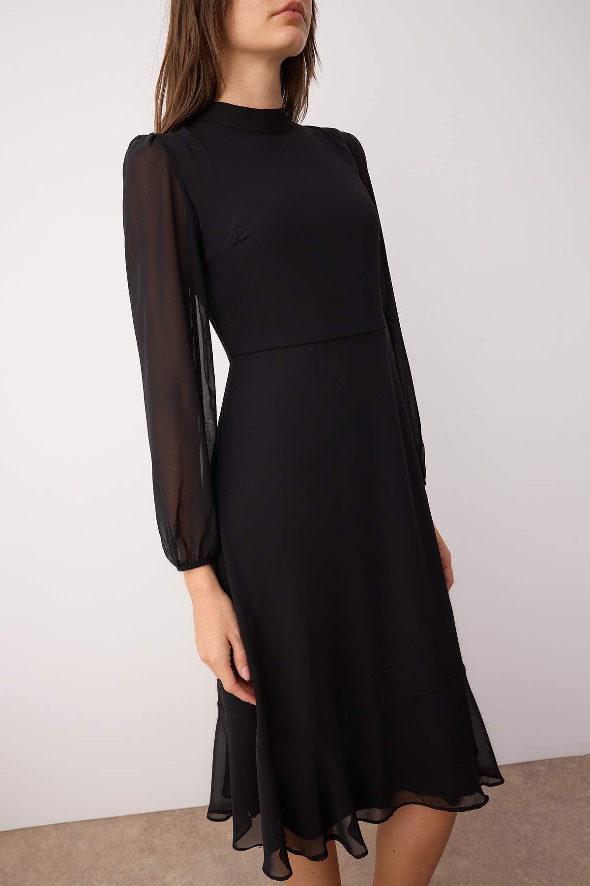 High Neck Long Sleeve A-Line Midi Dress