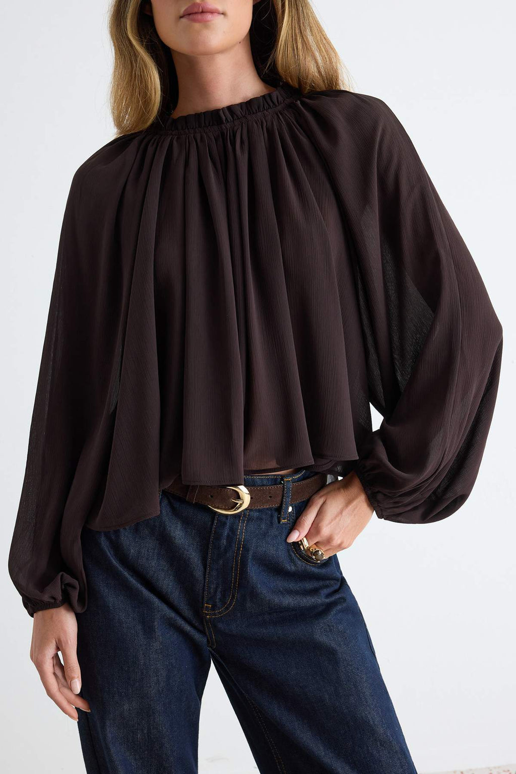 High Neck Raglan Sleeve Gathered Oversized Woven Blouse