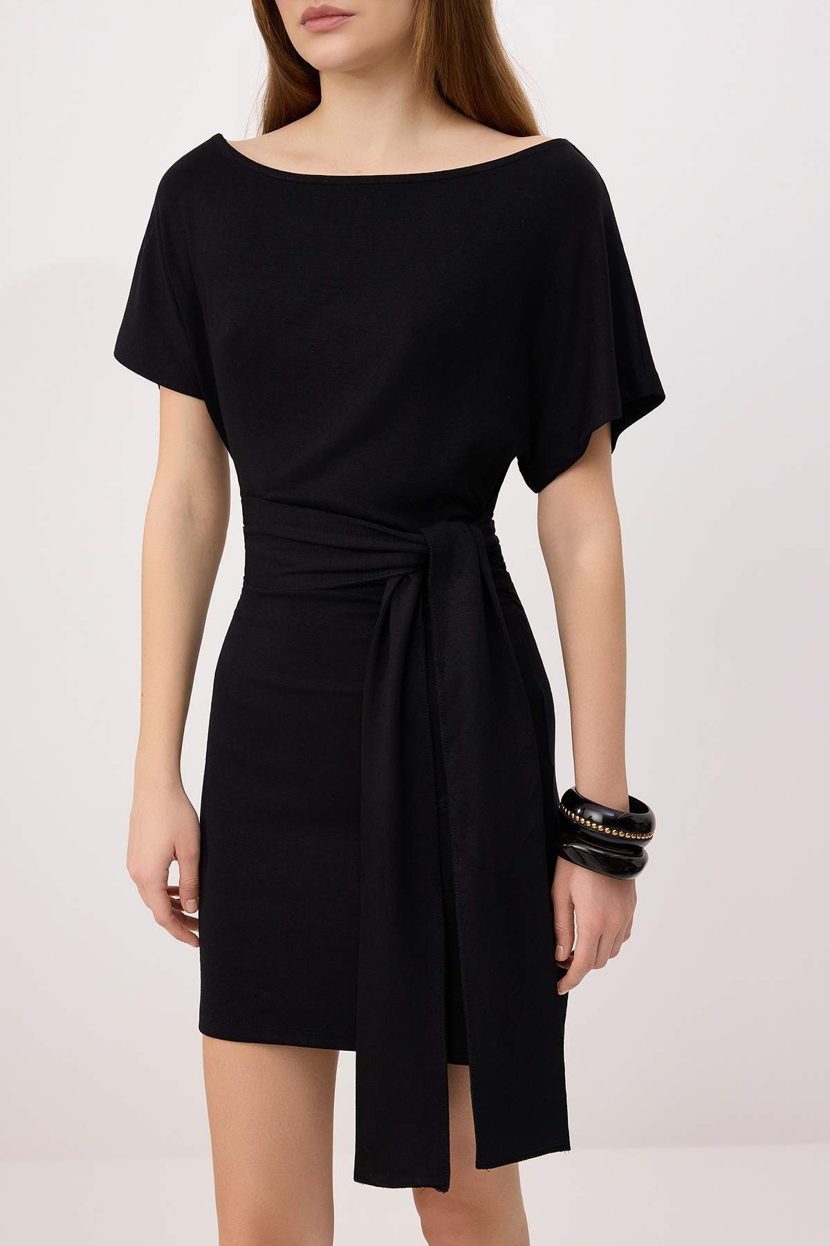 Bodycon Asymmetric Neck Tie Detail Short Sleeve Mini Dress