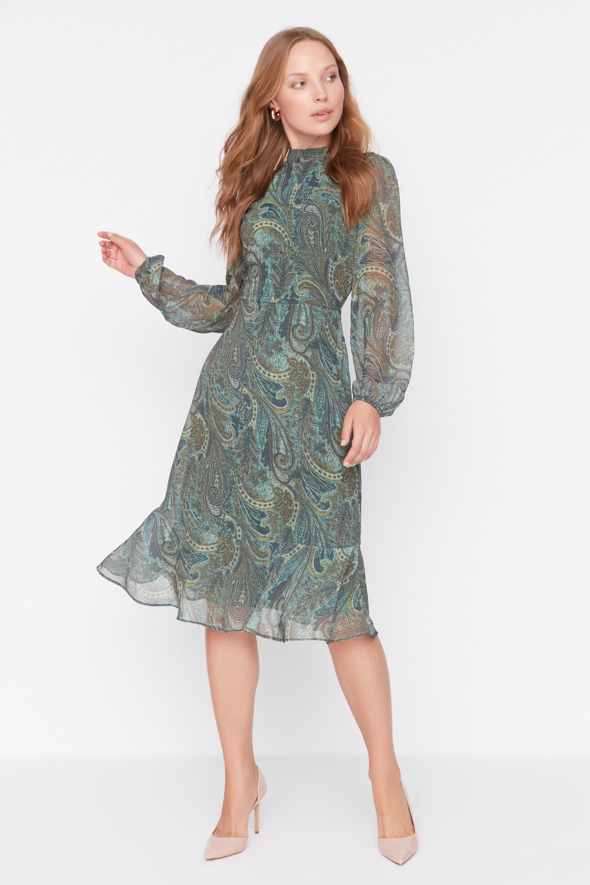 High Neck Long Sleeve Tiered Midi Dress