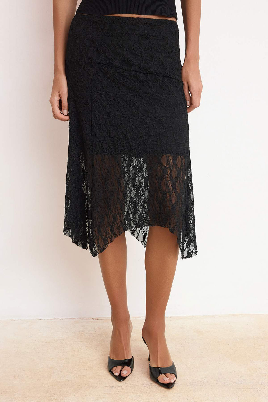 High Waist Asymmetric Lace Lined Midi A-Line Skirt