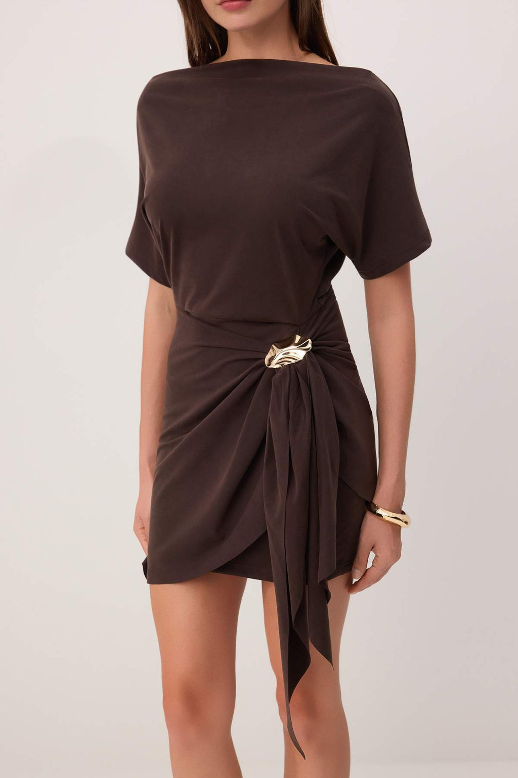 Premium Lyocell Boat Neck Drop Shoulder A-Line Mini Dress
