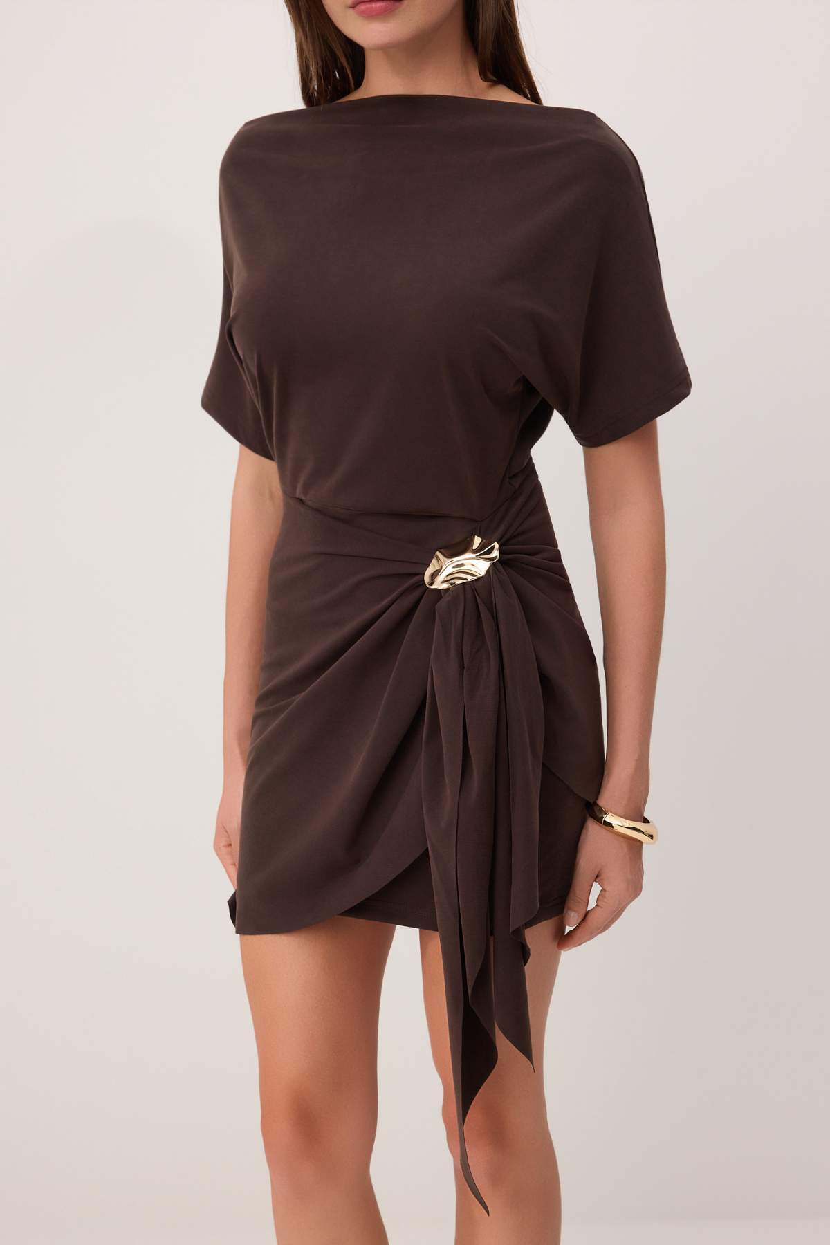 Premium Lyocell Boat Neck Drop Shoulder A-Line Mini Dress