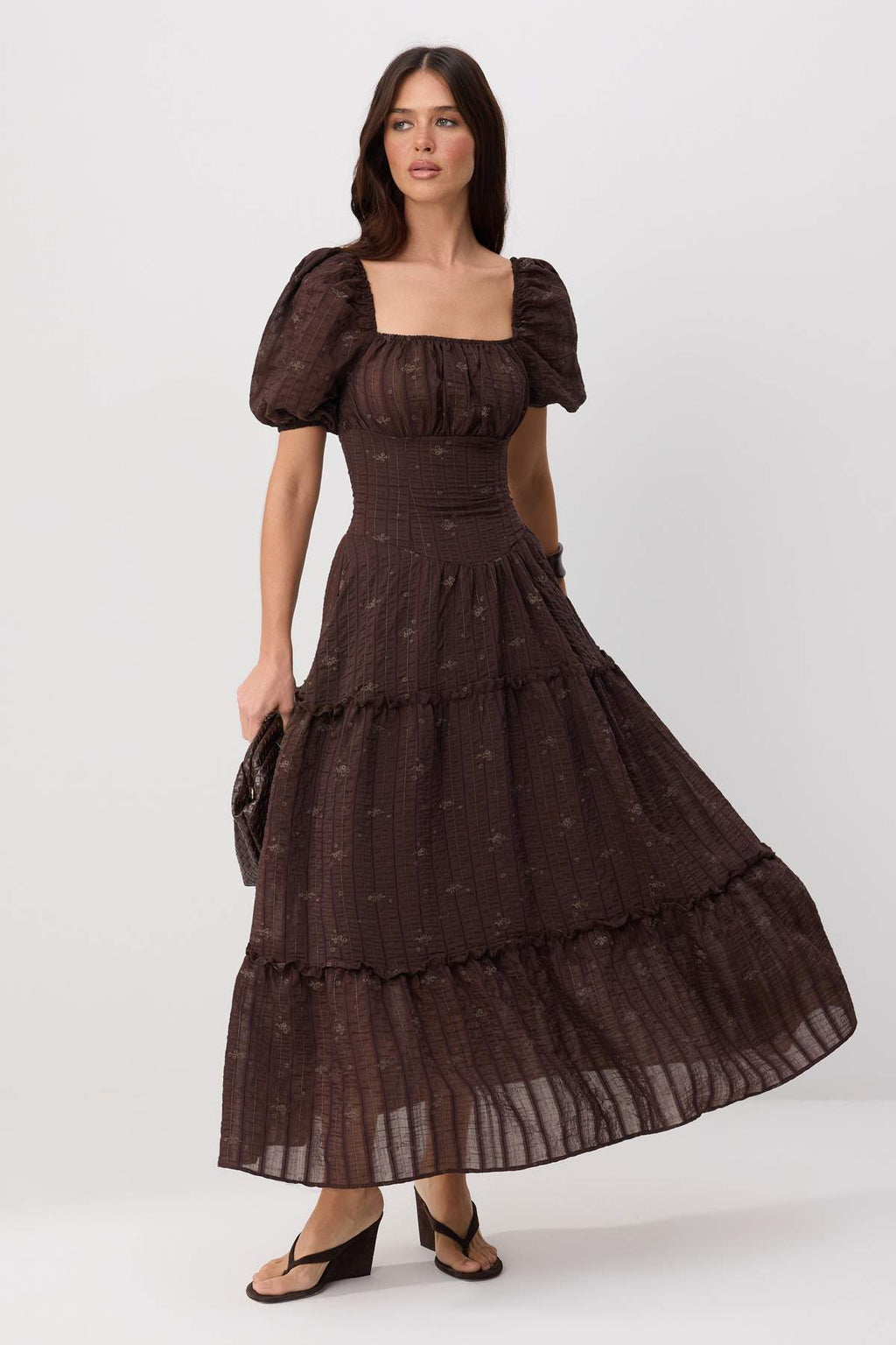 Square Neck Short Sleeve Embroidered Maxi Skater Dress