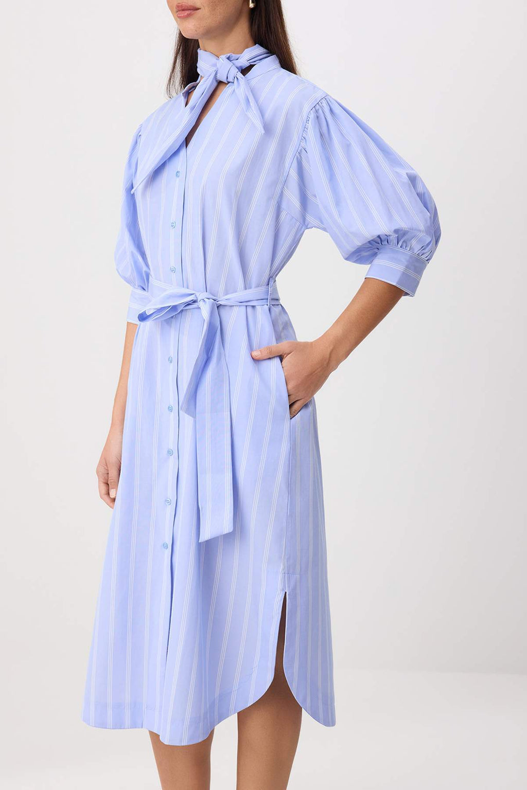 Fular Neck Balloon Sleeve Maxi Shirt Dress