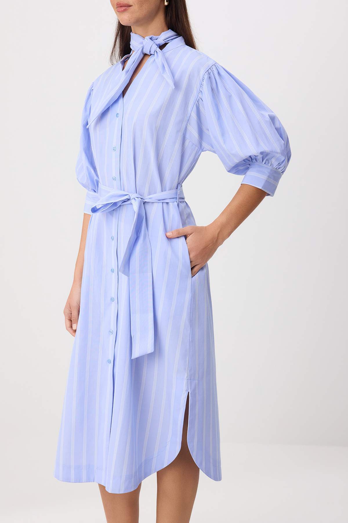 Fular Neck Balloon Sleeve Maxi Shirt Dress
