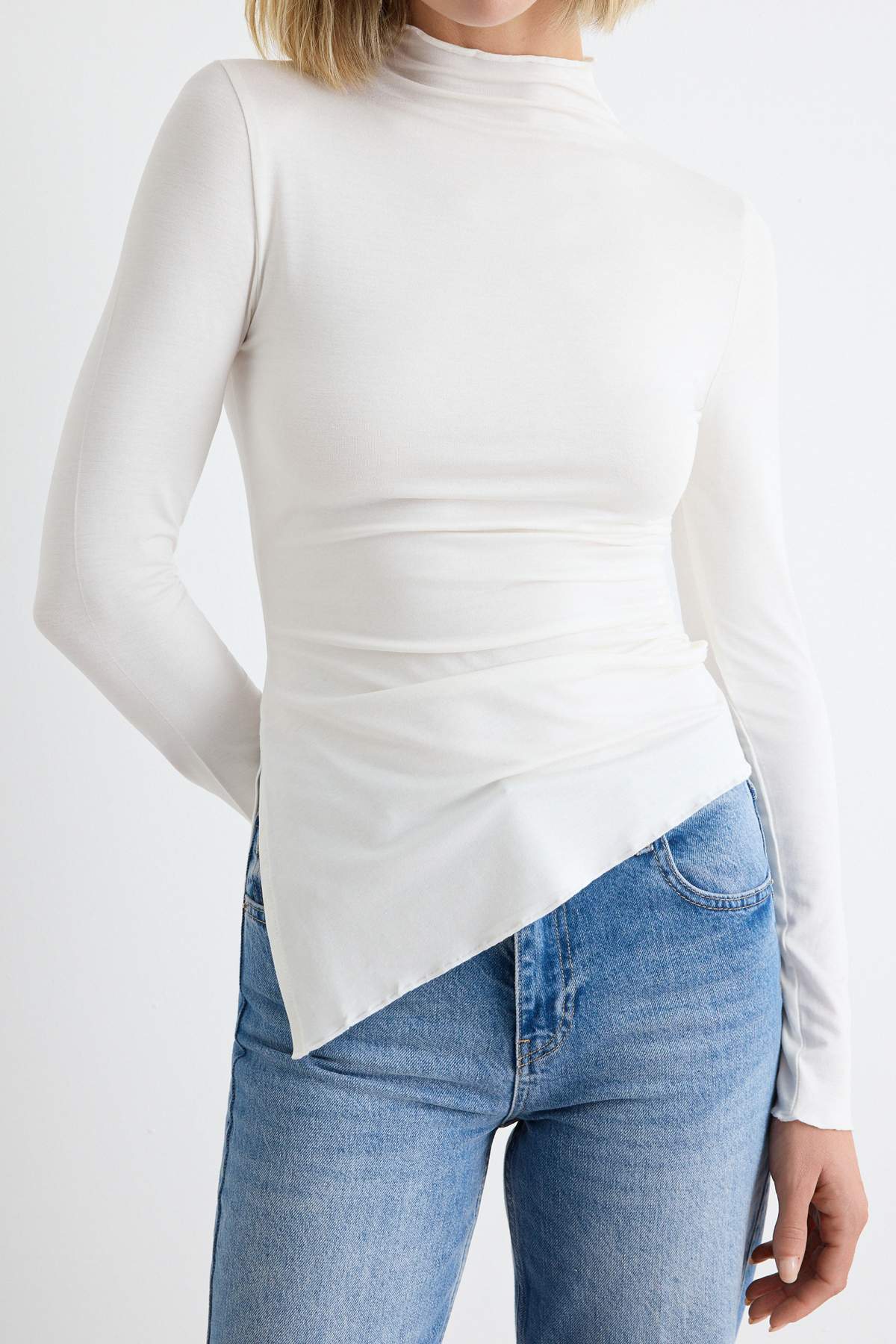High Neck Asymmetric Long Sleeve Fitted Blouse