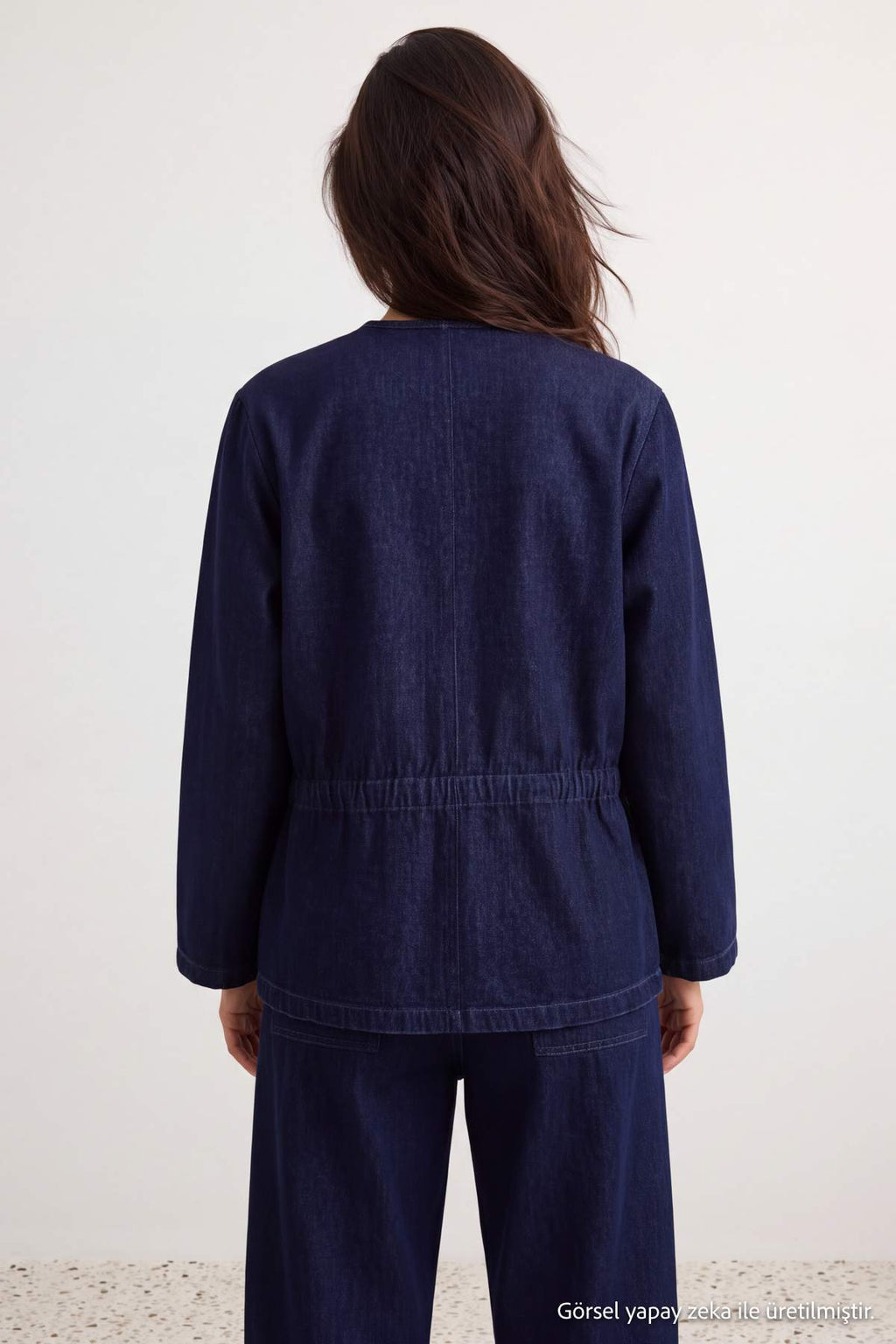 Crew Neck Drawstring Waist Denim Jacket