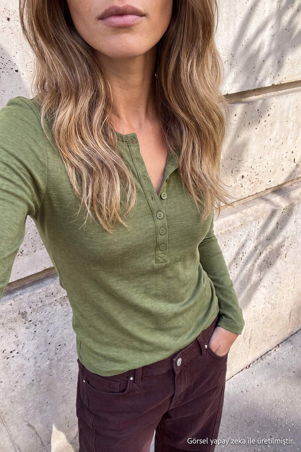 Crew Neck Long Sleeve Button Front Fitted Knit Blouse