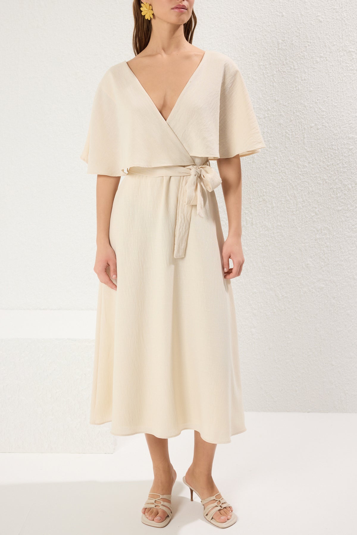 A-Line Wrap Neckline Cape Lined Midi Dress