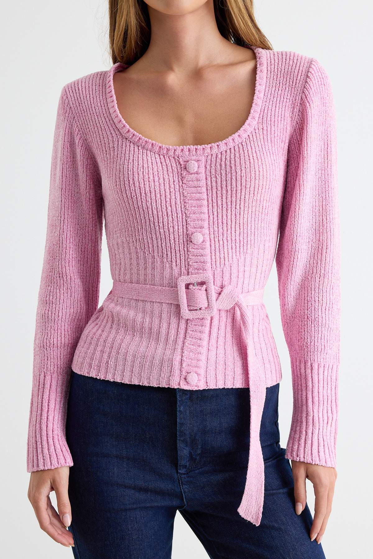 Chenille Long Sleeve Belted Knitted Sweater