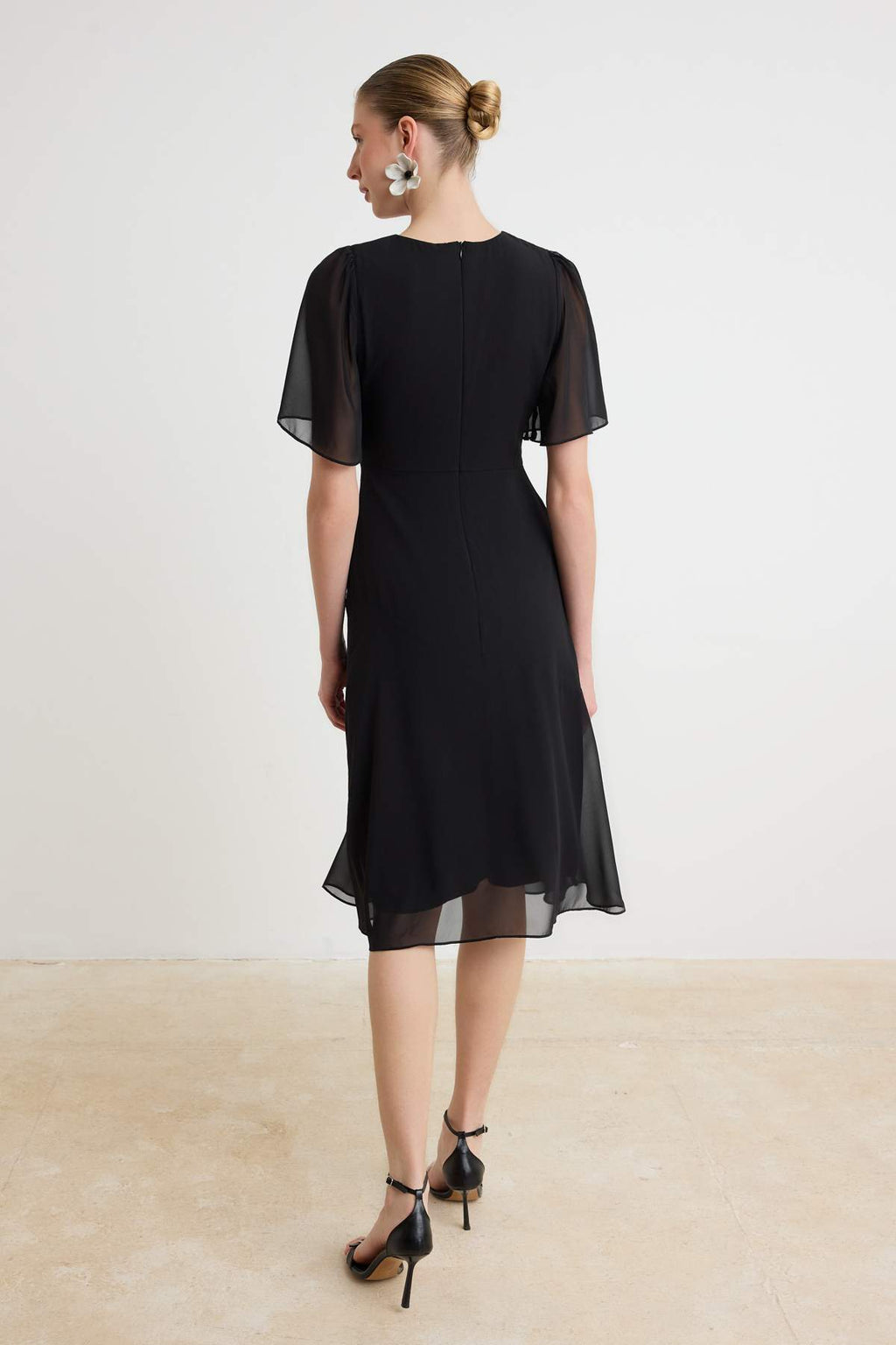 High Neck Angel Sleeve Tiered Midi Dress