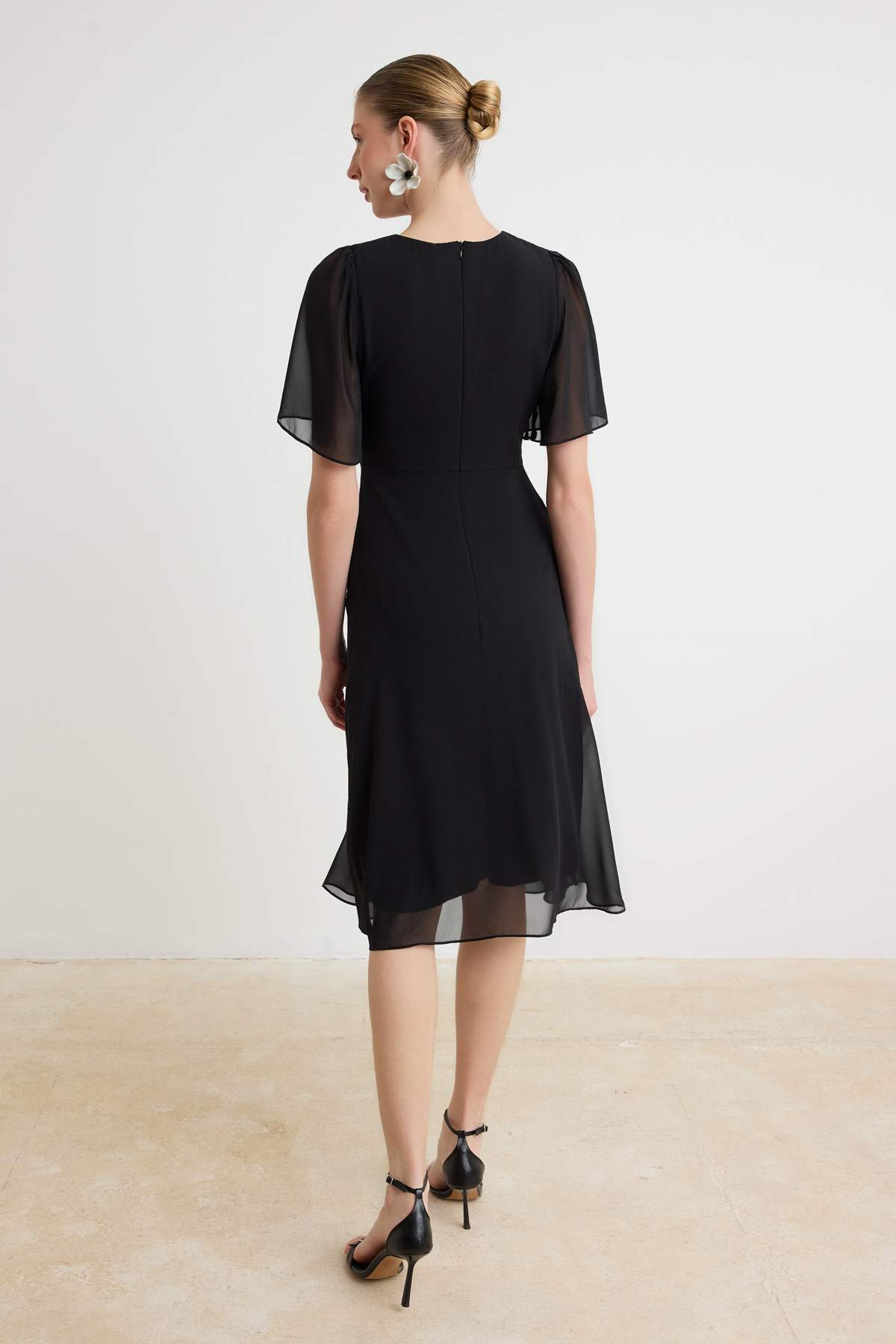 High Neck Angel Sleeve Tiered Midi Dress