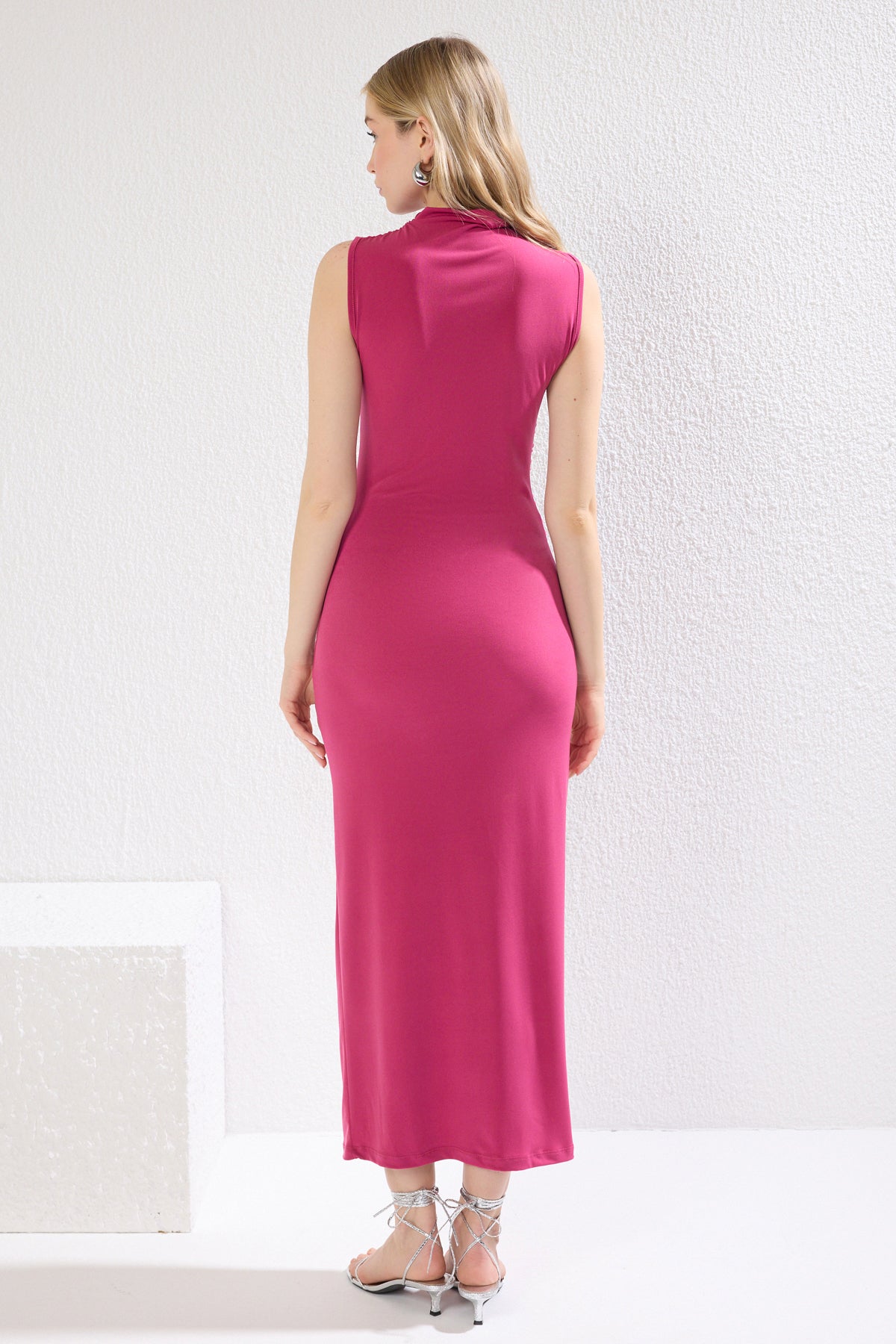 High Neck Sleeveless Draped Bodycon Maxi Dress