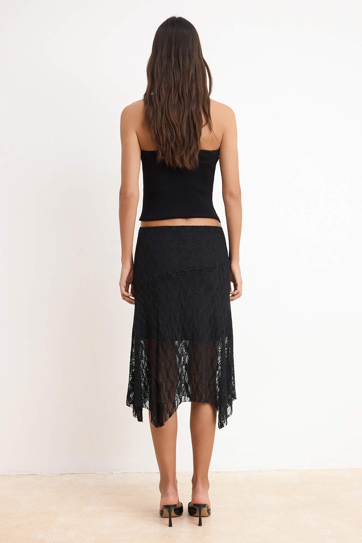 High Waist Asymmetric Lace Lined Midi A-Line Skirt