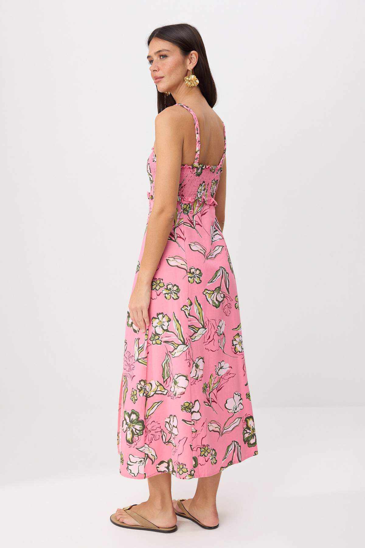 Square Neck Thin Strap Slit Midi Dress