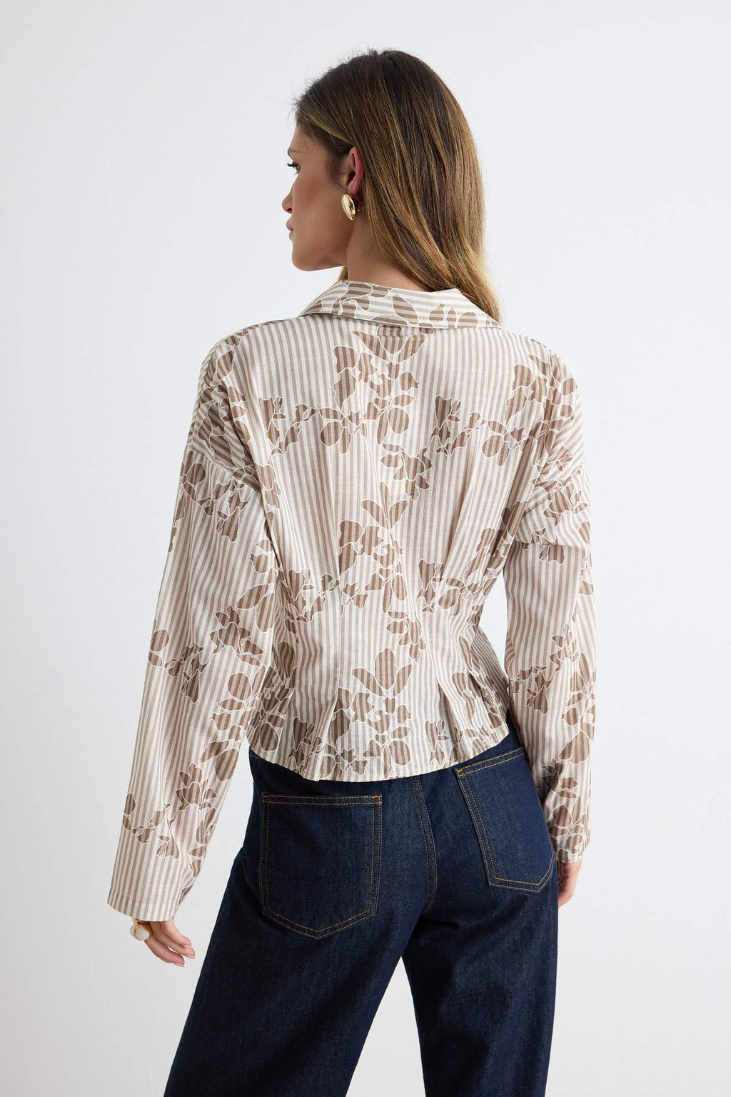 Pleated Flared Collar Long Sleeve Shirt
