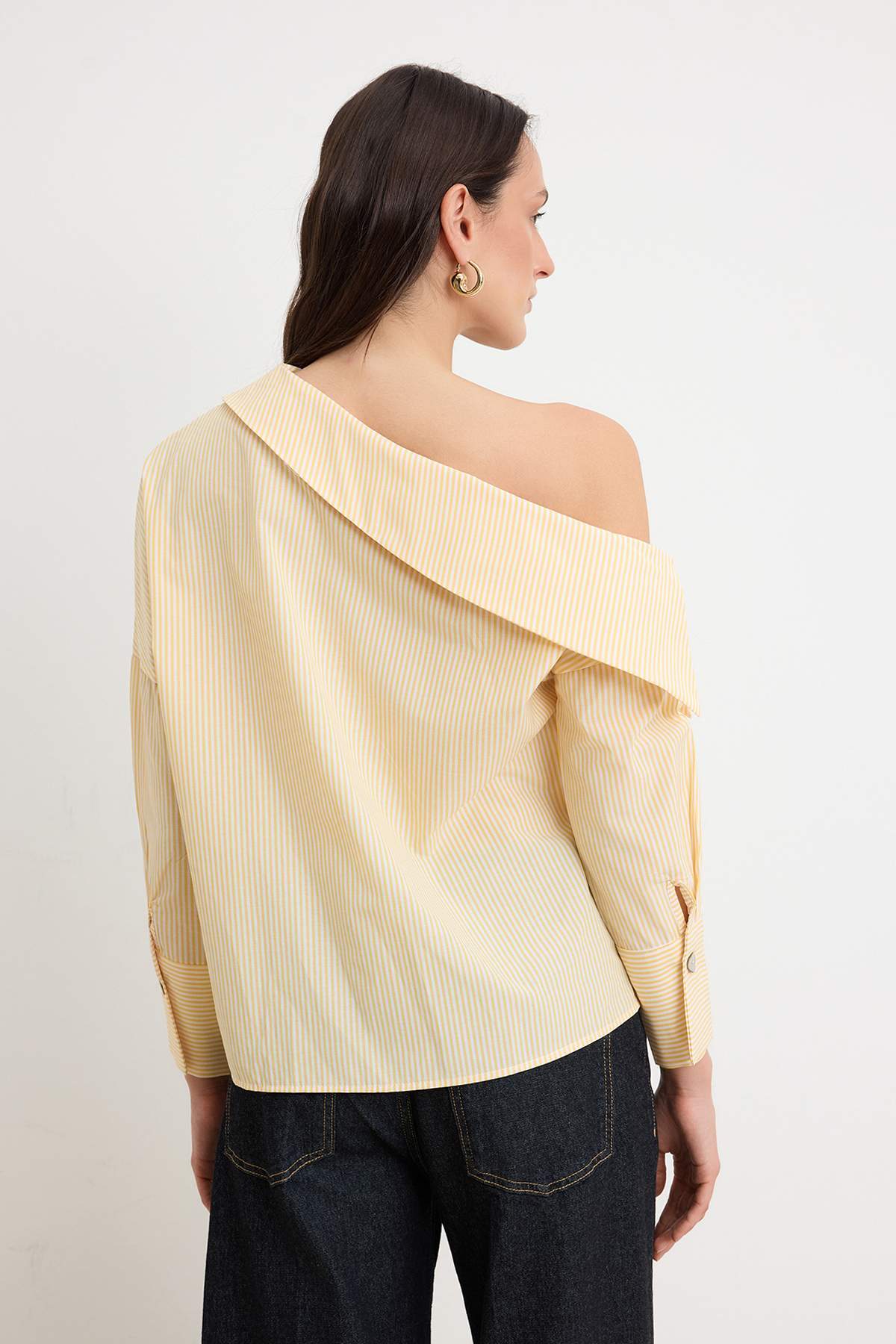 Asymmetric Neck Long Sleeve Woven Blouse