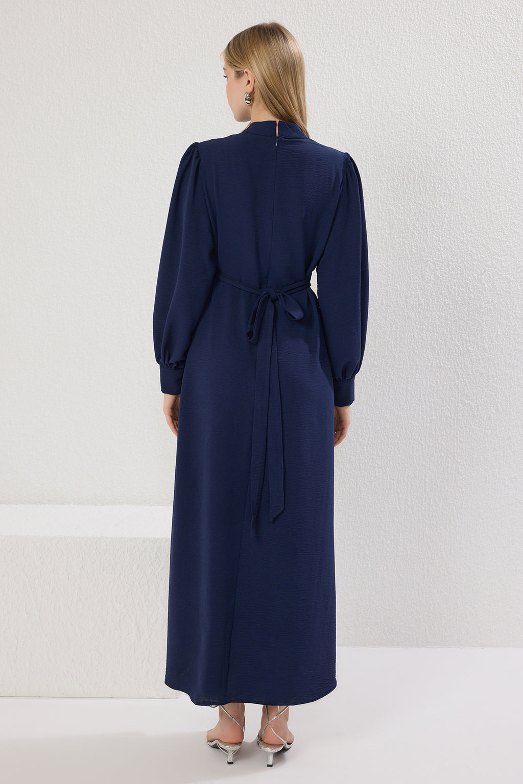 Stand Collar Balloon Sleeve Back Tie Detail Midi Dress