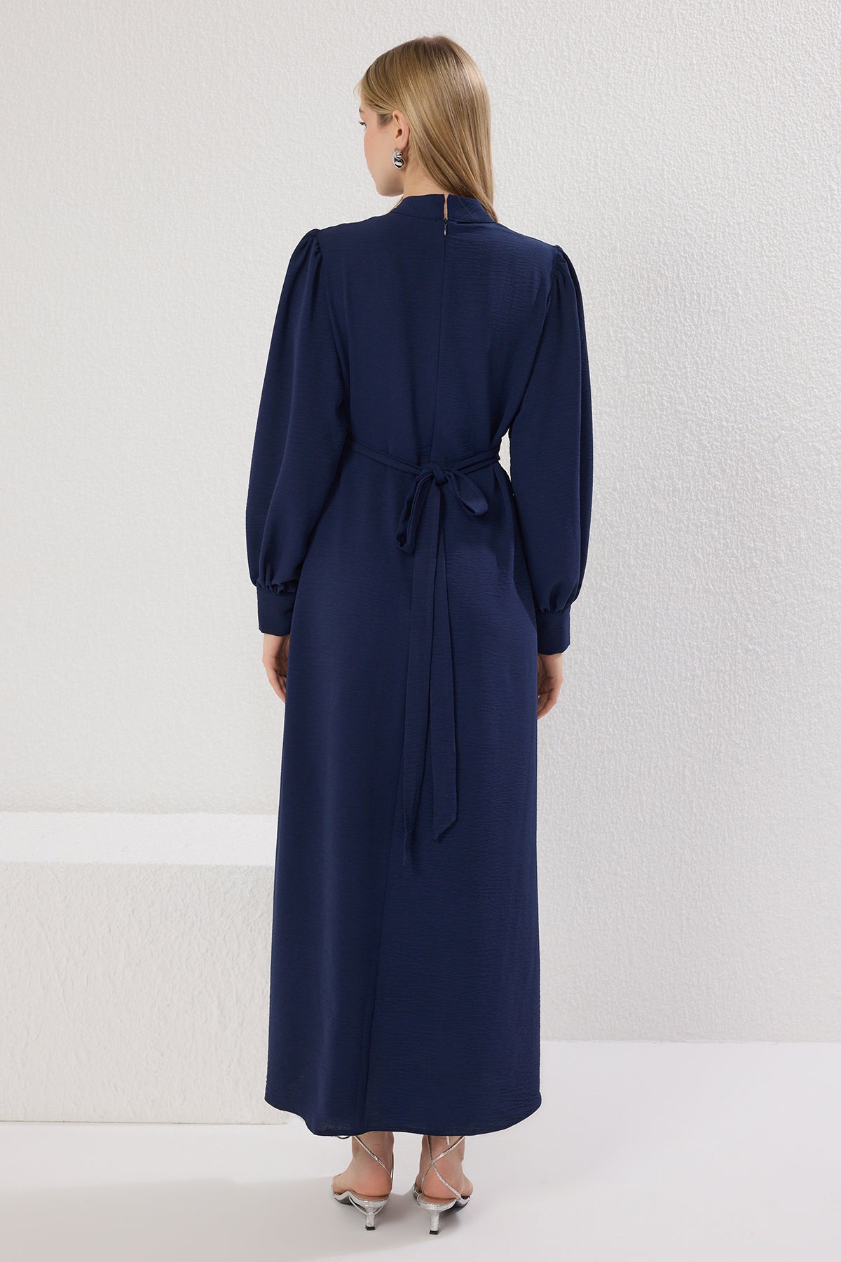 Stand Collar Balloon Sleeve Back Tie Detail Midi Dress