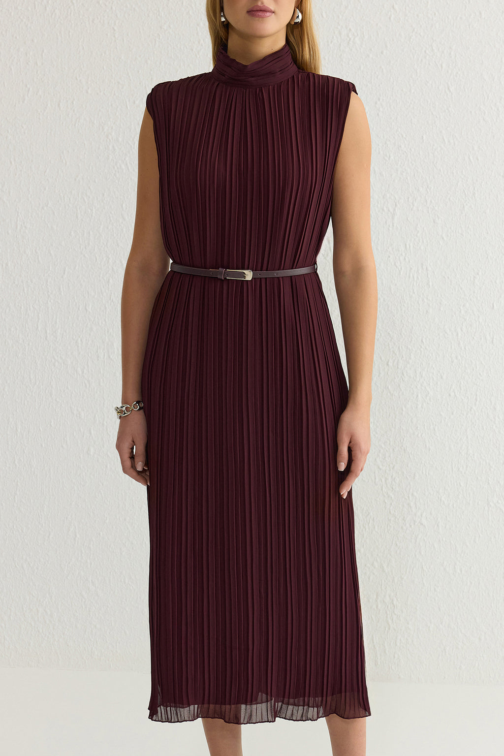 High Neck Sleeveless Belted Pleated Midi Dress