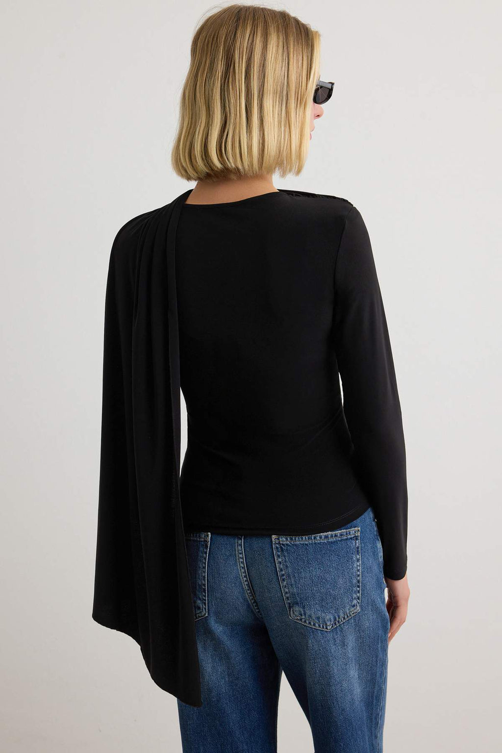 Fitted Boat Neck Cape Detail Long Sleeve Blouse