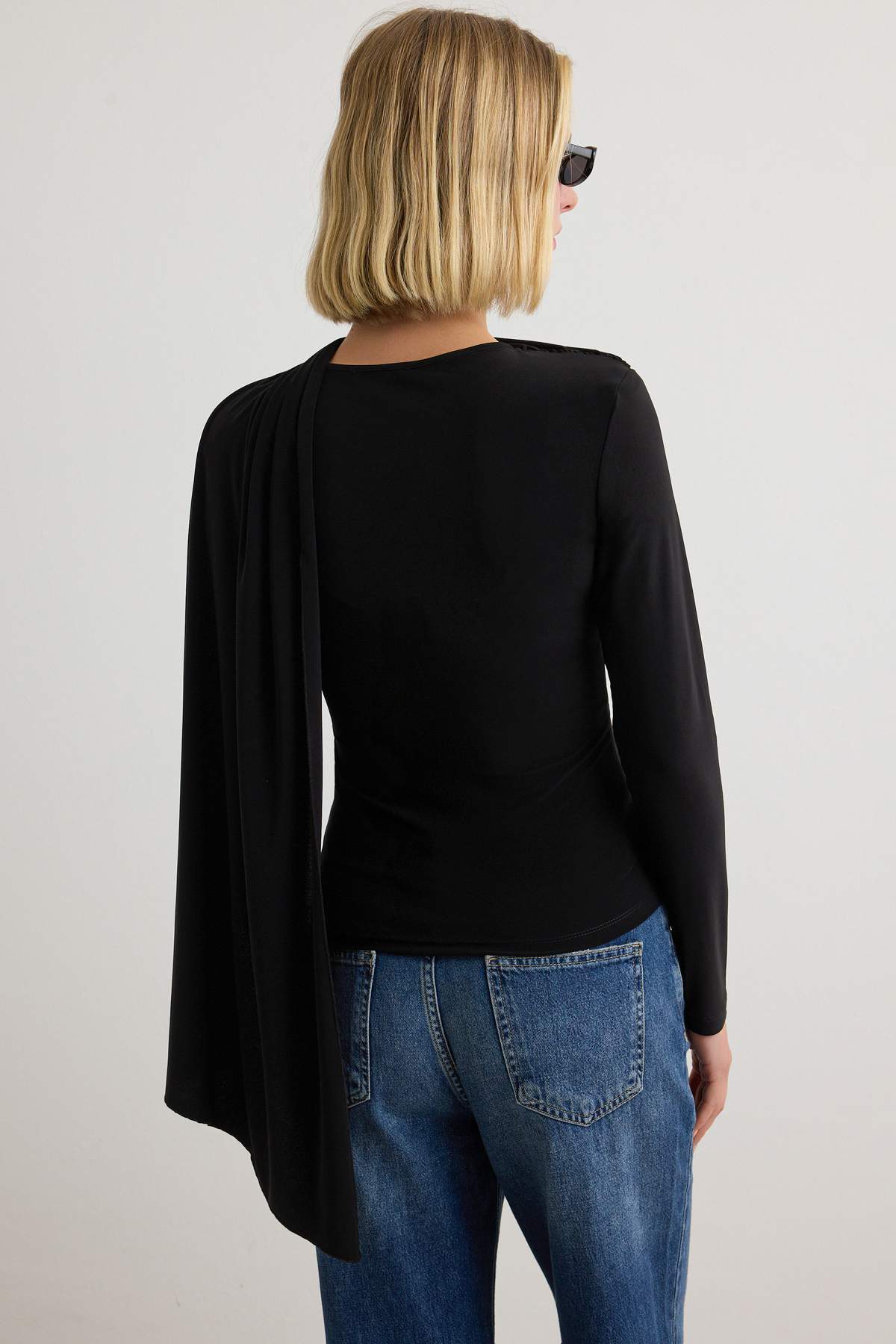 Fitted Boat Neck Cape Detail Long Sleeve Blouse