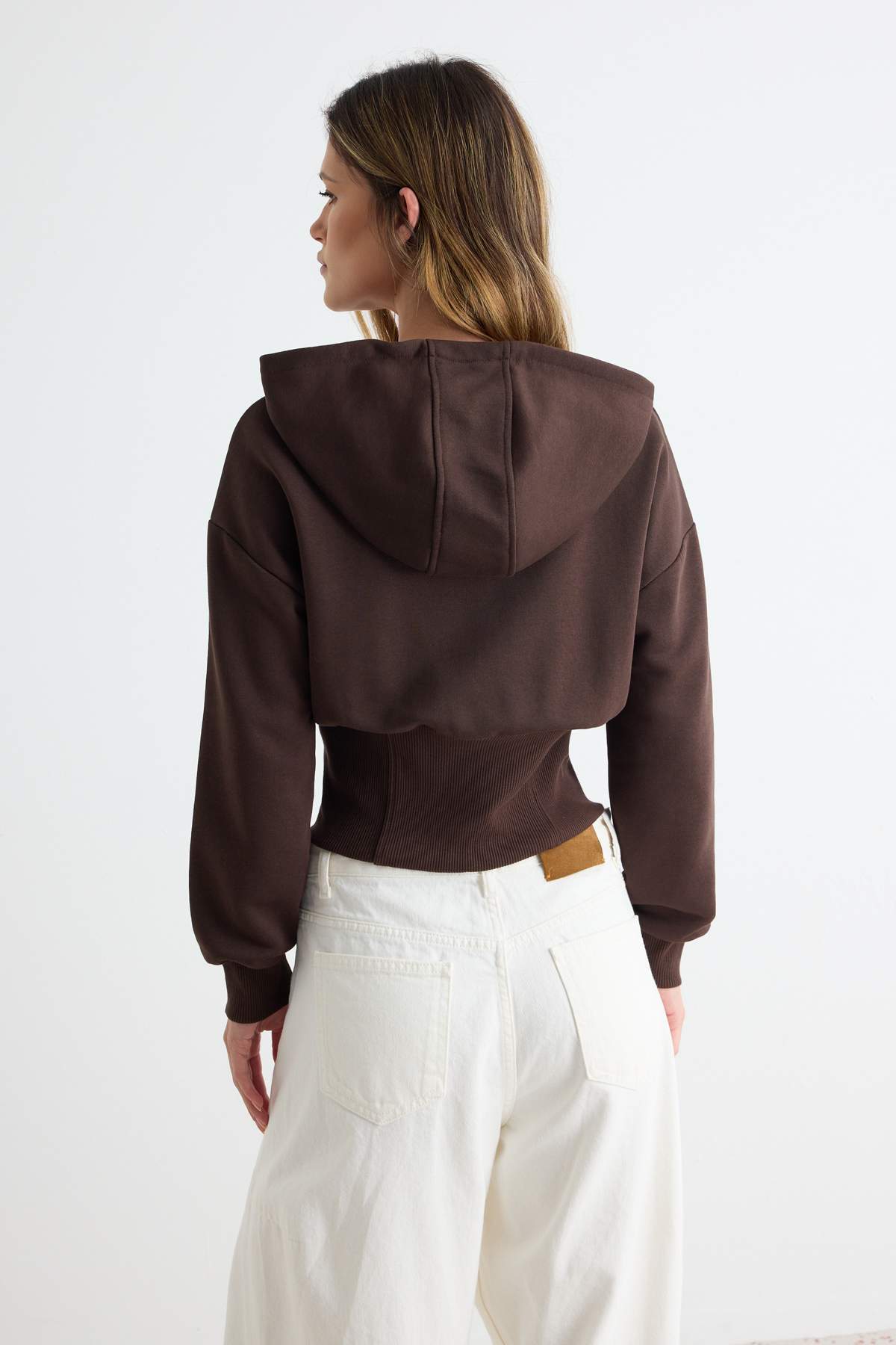 Thick Hooded Zip Through Cropped Sweatshirt