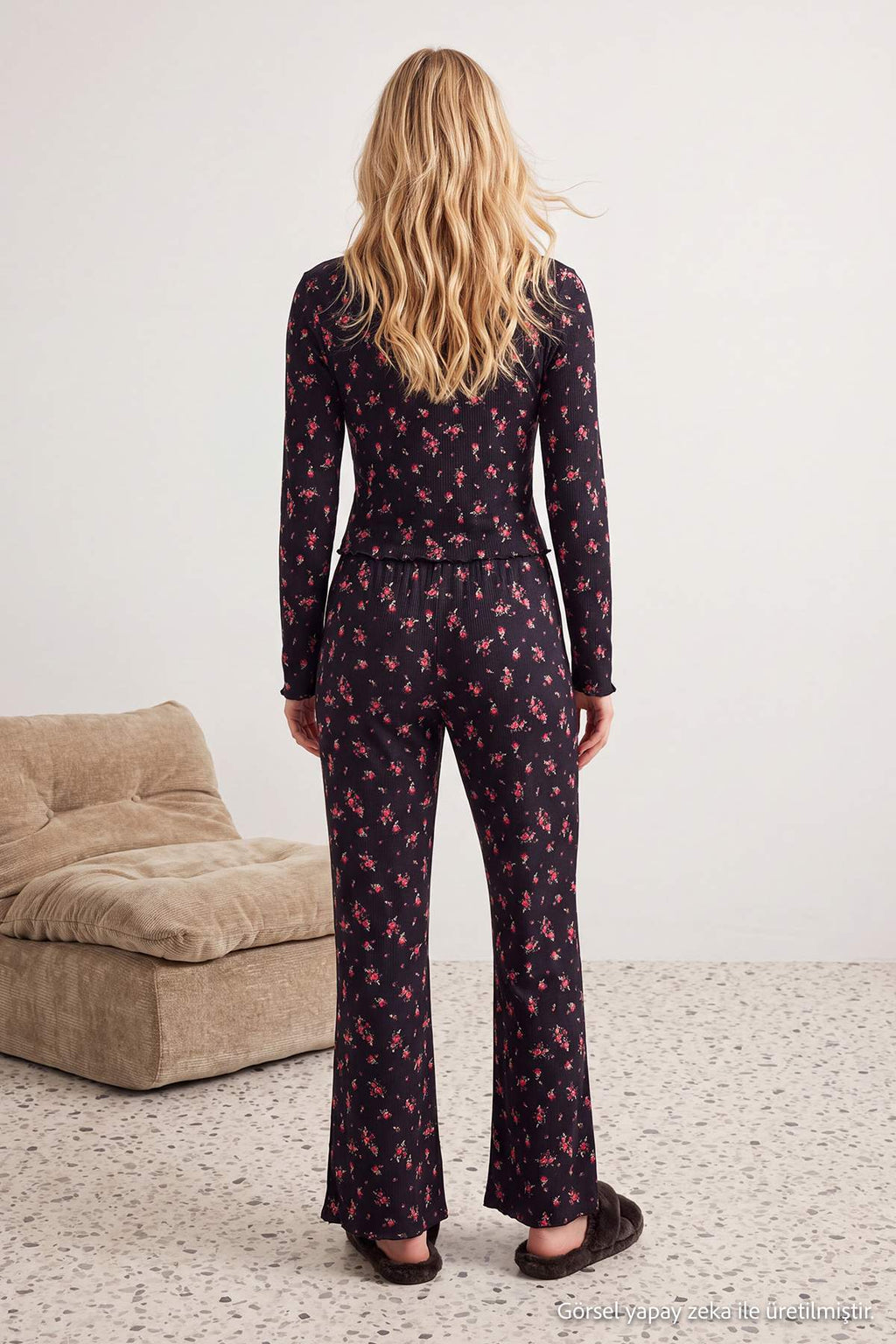 V Neck Long Sleeve Lace Detail Ribbed Pyjama Set