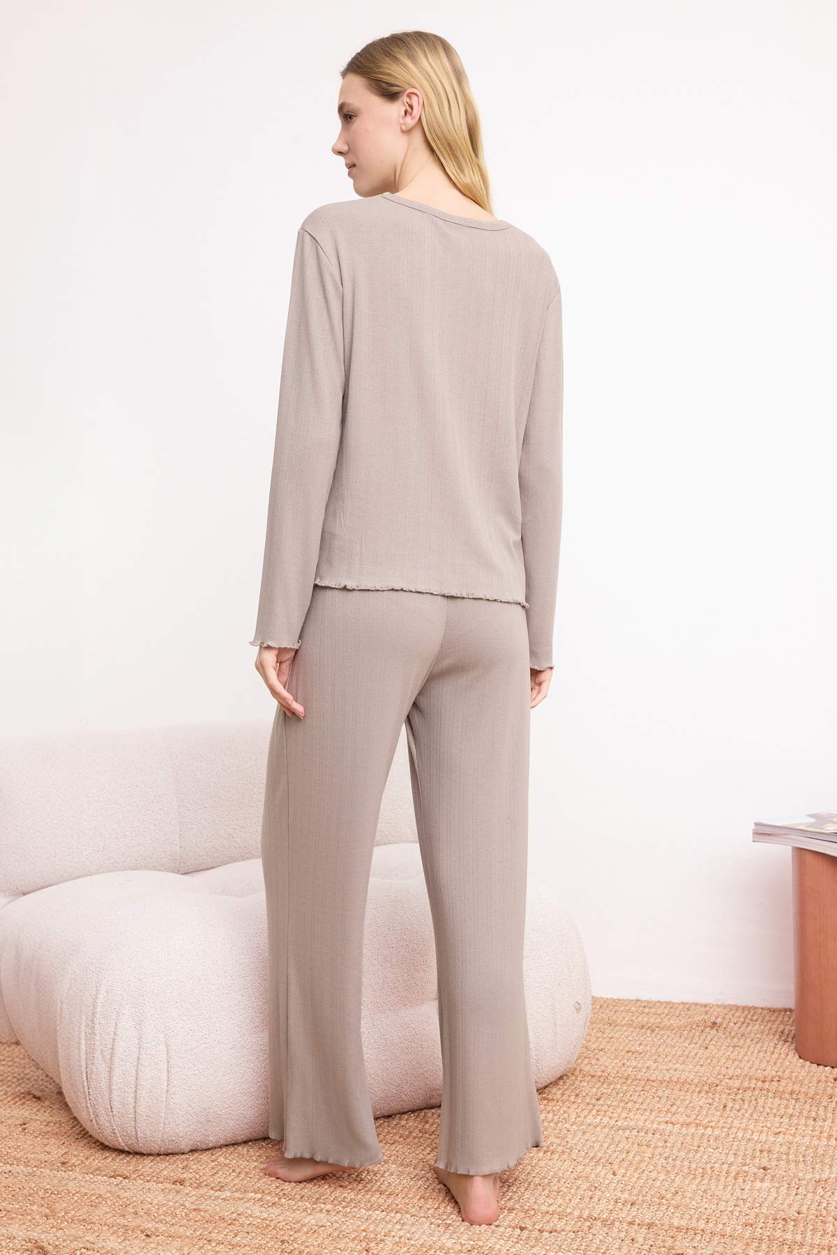 Long Sleeve Ribbed Pointel Pyjama Set