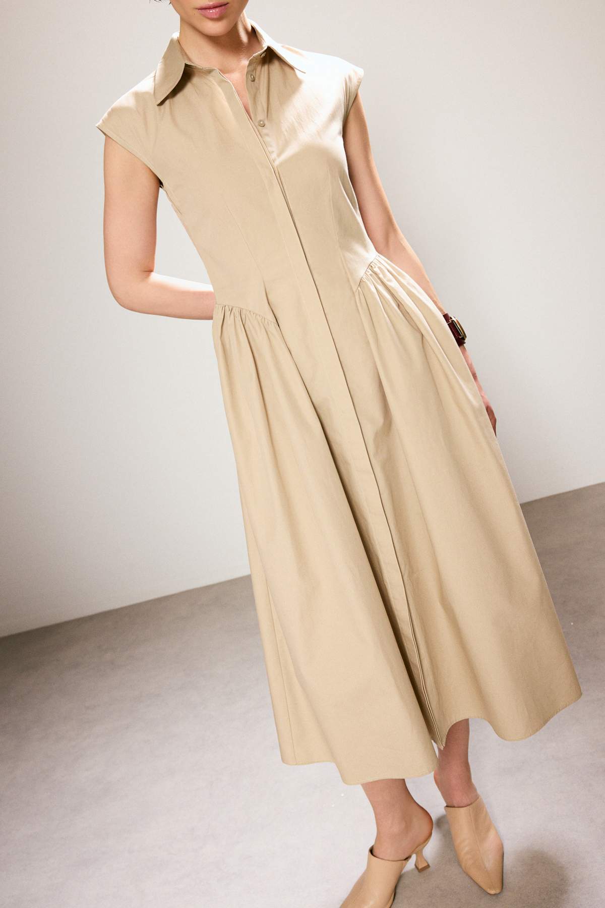Sleeveless Shirt Collar Midi Dress