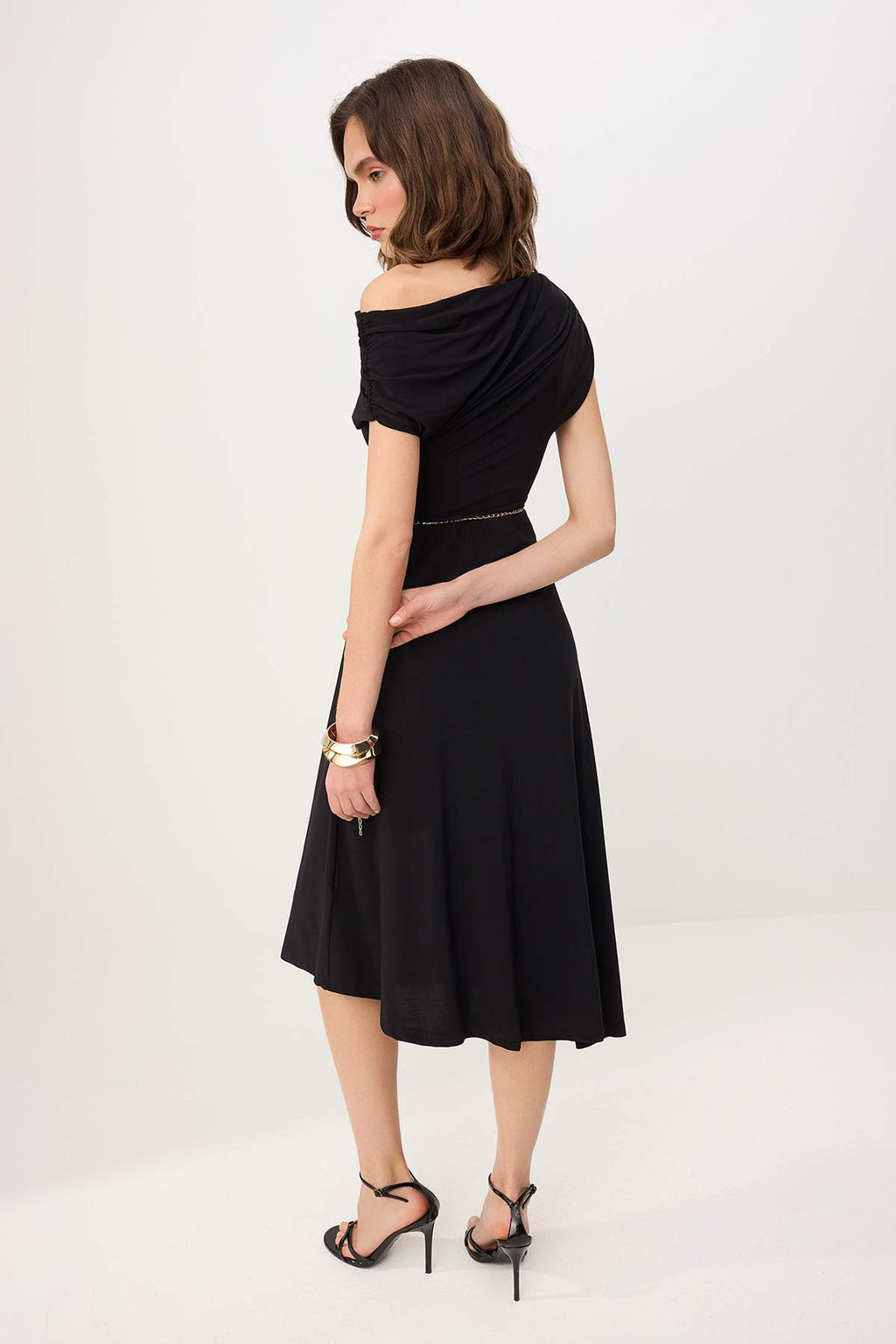 Off Shoulder Ruched Sleeve Chain Belt Midi Party Dress