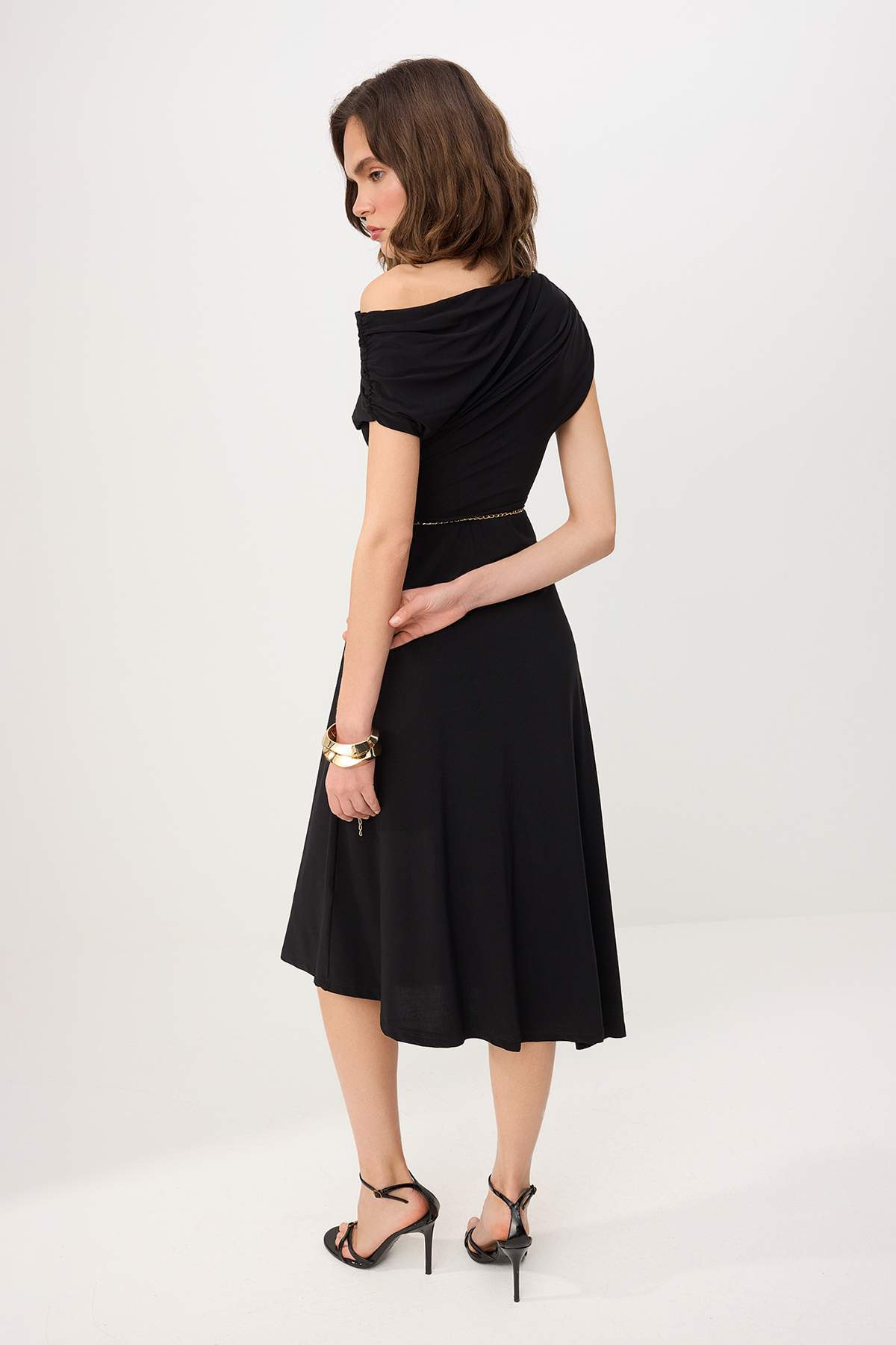 Off Shoulder Ruched Sleeve Chain Belt Midi Party Dress