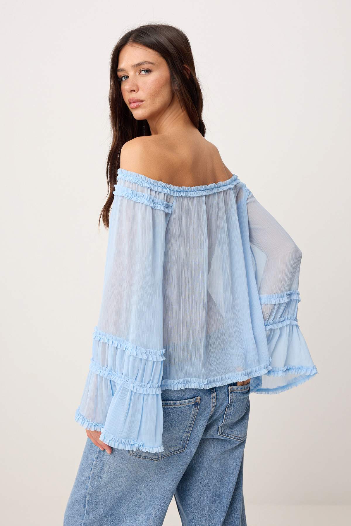 Carmen Neck Ruffle Detail Sheer Woven Blouse
