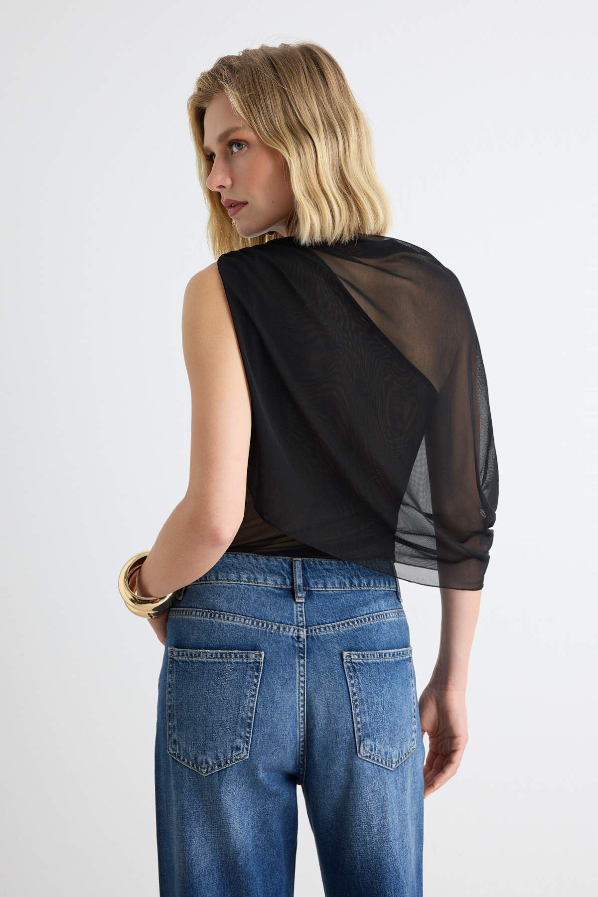 Asymmetric Neck Sleeveless Mesh Body
