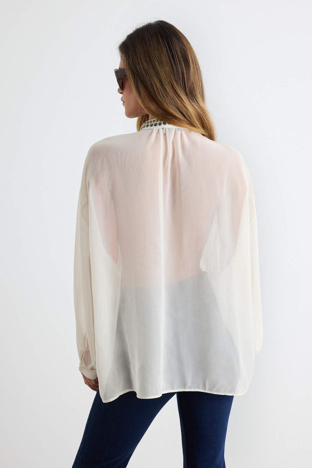 V Neck Drop Shoulder Embellished Crepe Blouse
