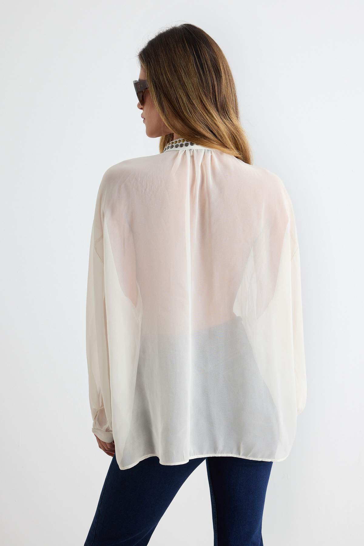 V Neck Drop Shoulder Embellished Crepe Blouse