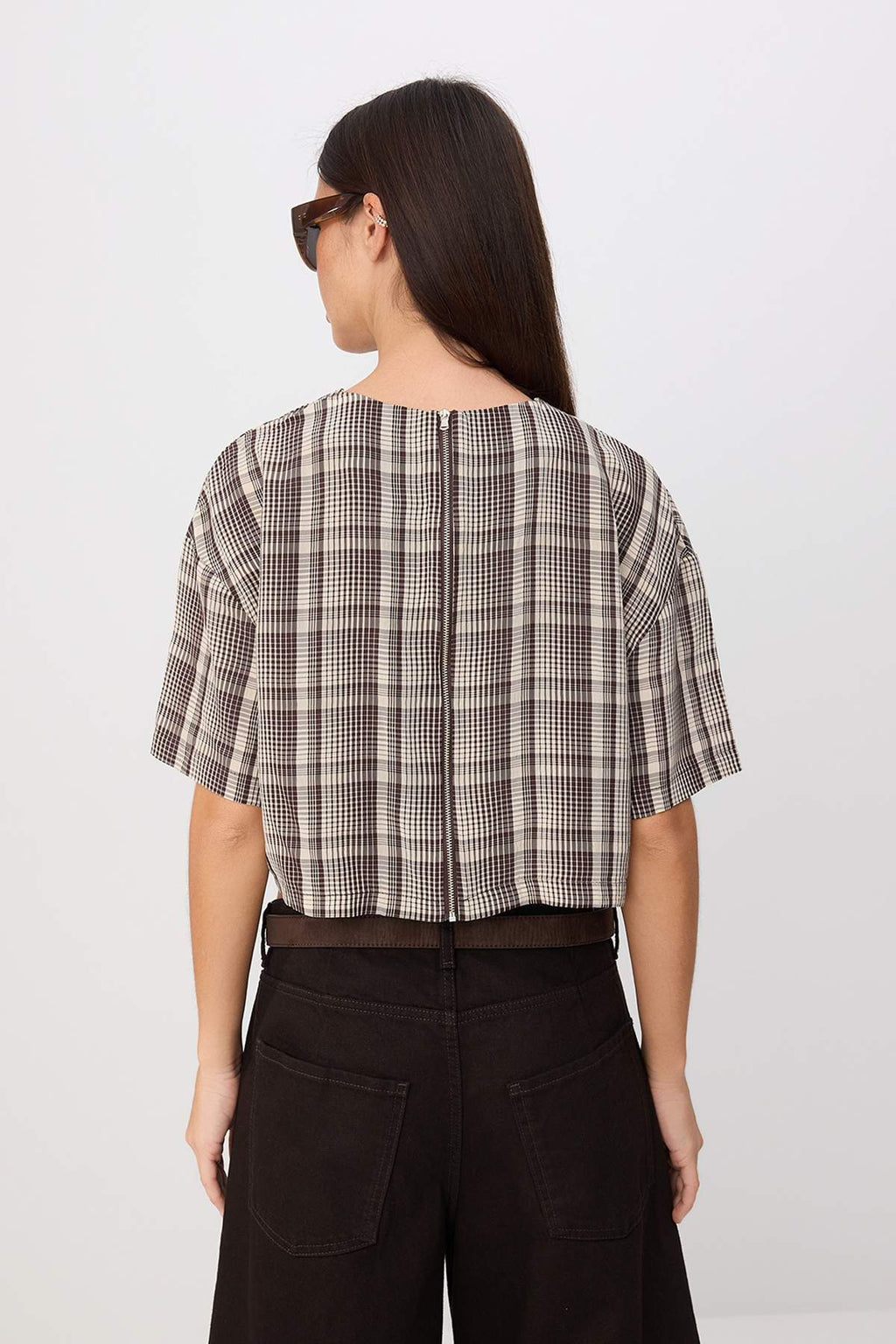 High Neck Long Sleeve Zip Front Crop Blouse