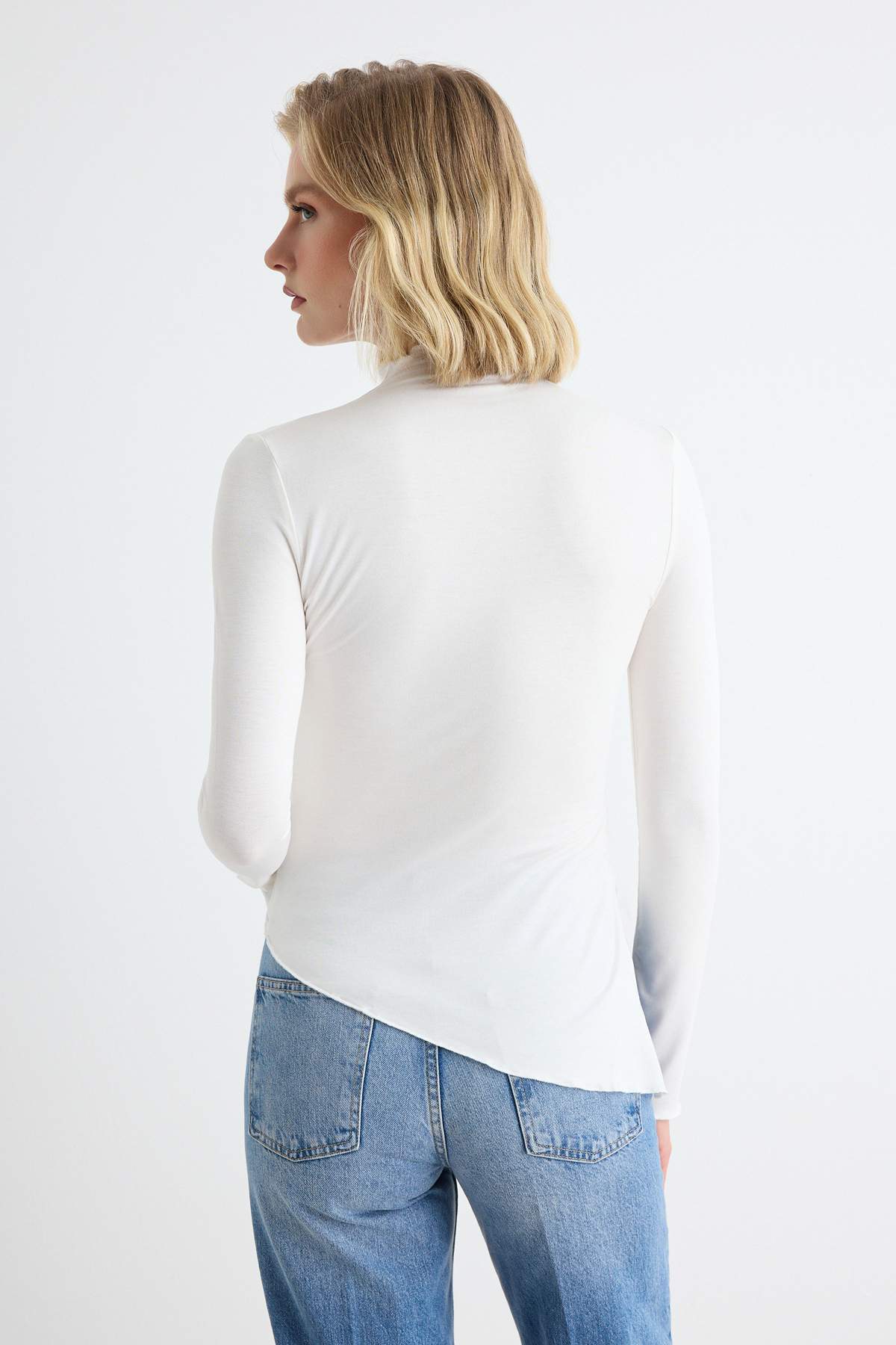 High Neck Asymmetric Long Sleeve Fitted Blouse
